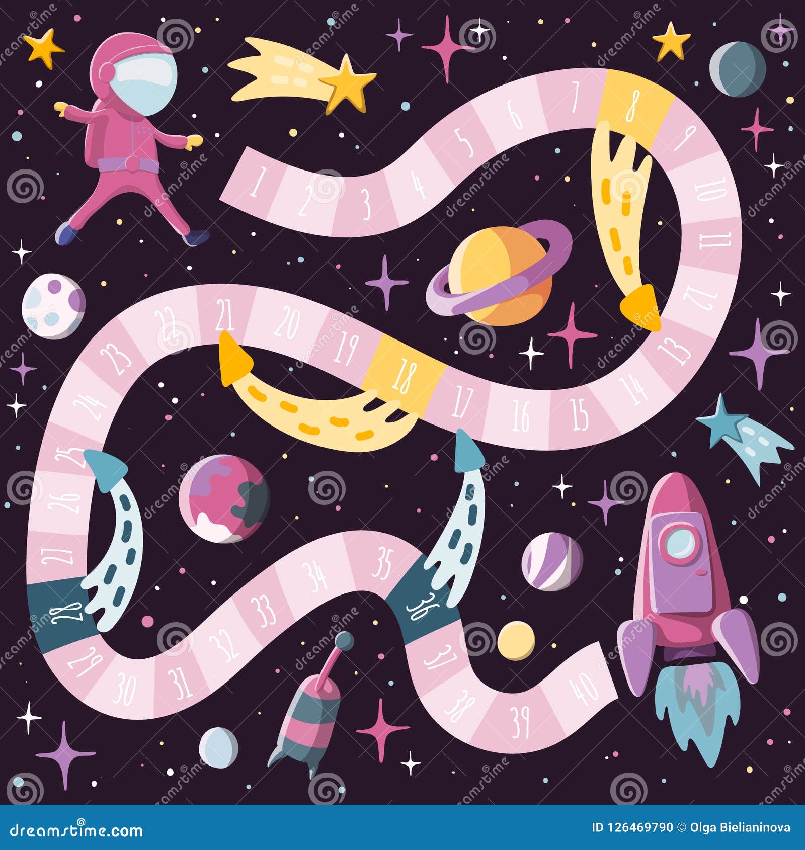 Karikaturart scherzt Wissenschafts- und RaumBrettspiel mit Astronauten, Rakete, planents, Sputnik Schablonendesign