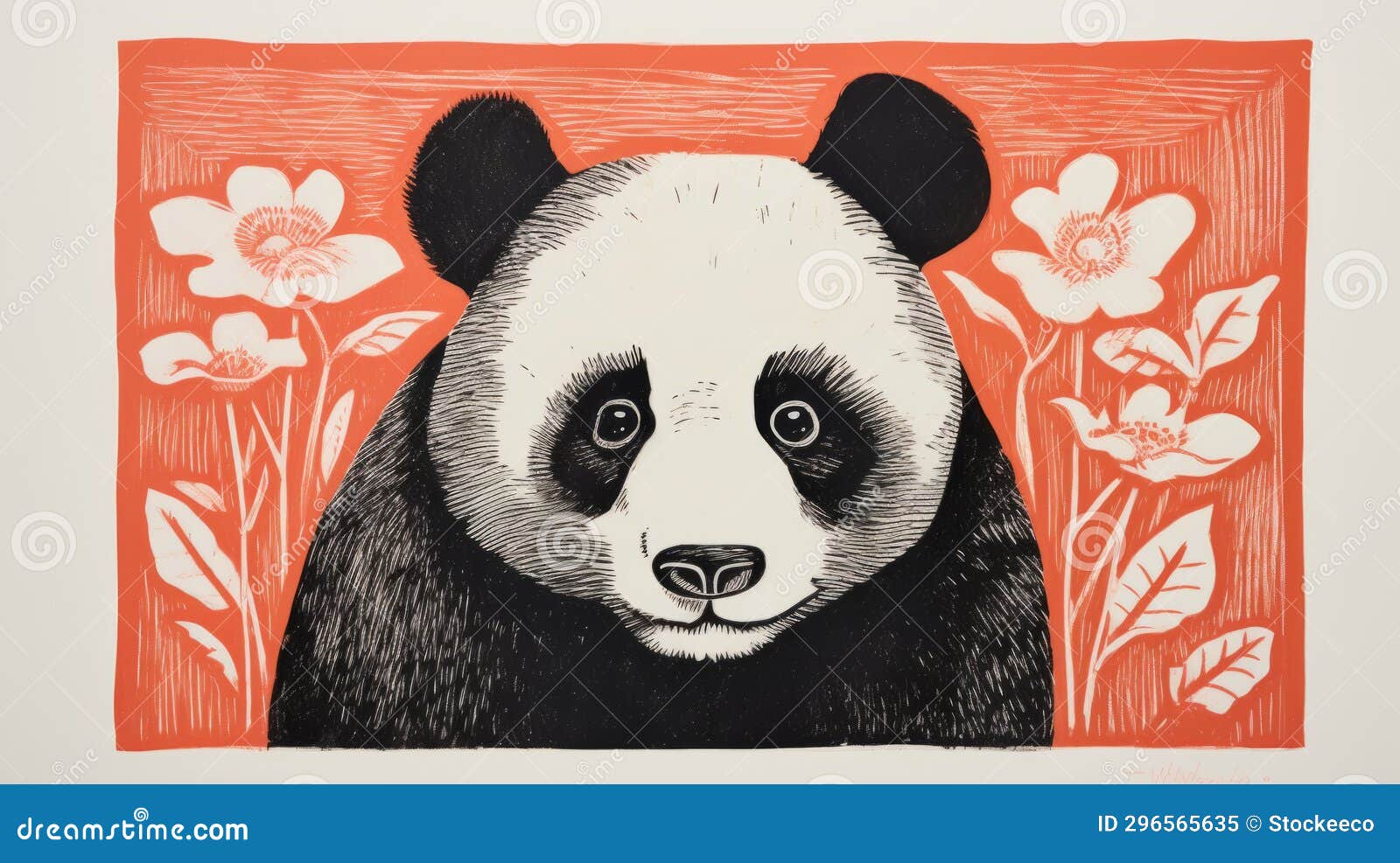 panda bear lino print artwork in george callaghan and xiaofei yue style
