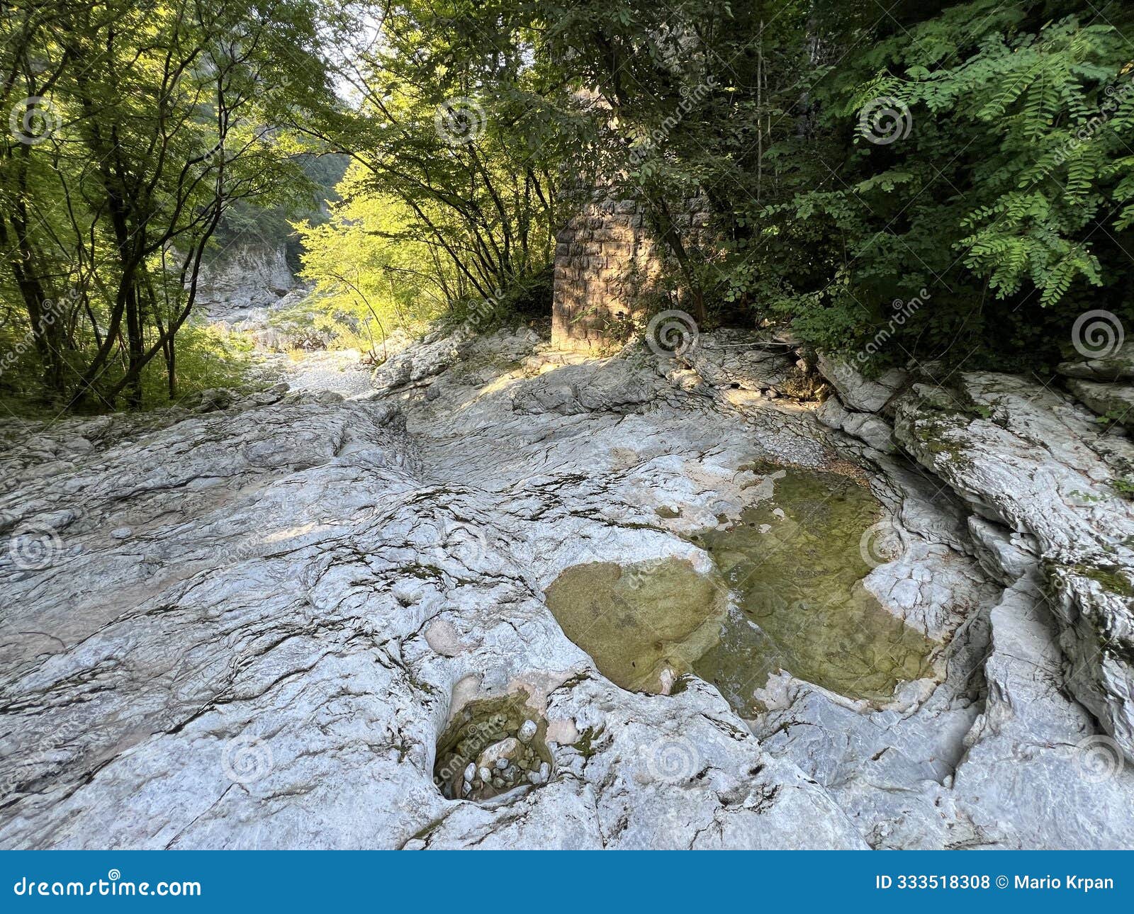 karst rocks in the bed of the vogrscek stream along the soca river (gorenji log, slovenia)