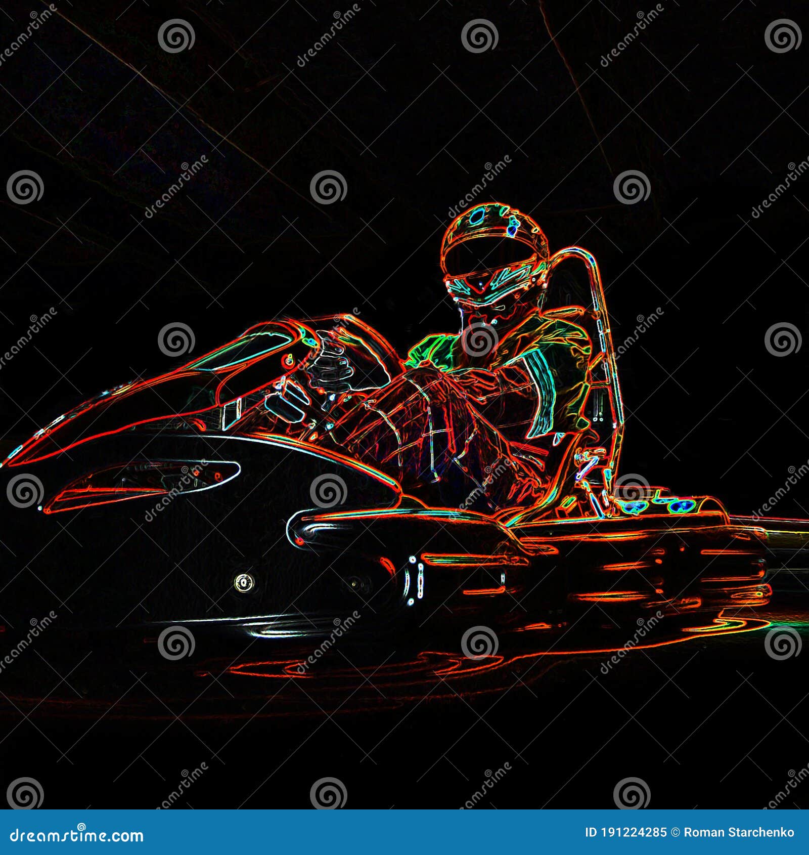 Kart, Das Licht Neonbild Läuft. Mann Karting Fahrzeug Auf Kurs