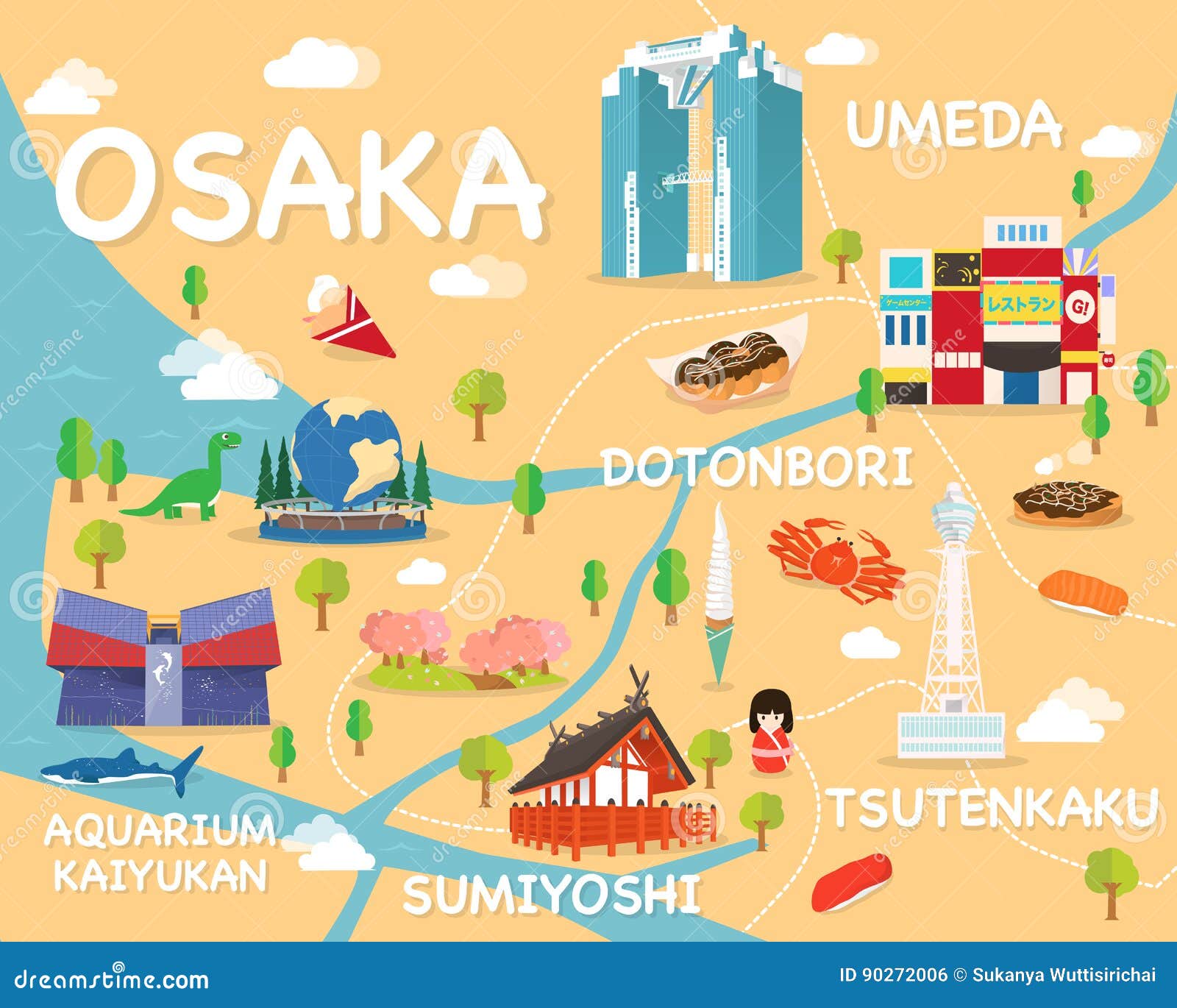 Karte Von Osaka Attractions Vector And Illustration Stock ...