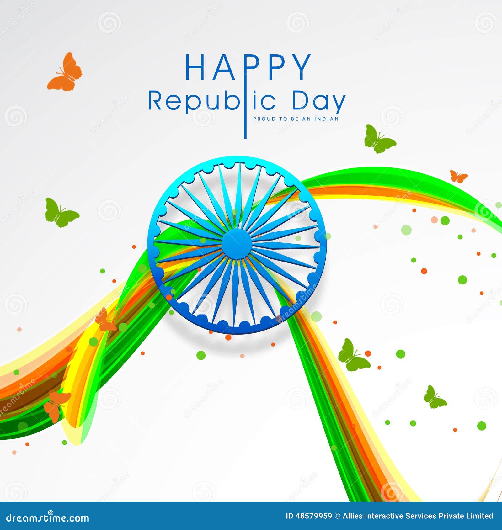 Kartka z pozdrowieniami projekt dla Indiańskiego republika dnia świętowania. Indiański republika dnia świętowań kartka z pozdrowieniami projekt z błyszczącym Ashoka kołem, motylami i kolorowymi fala na popielatym tle,
