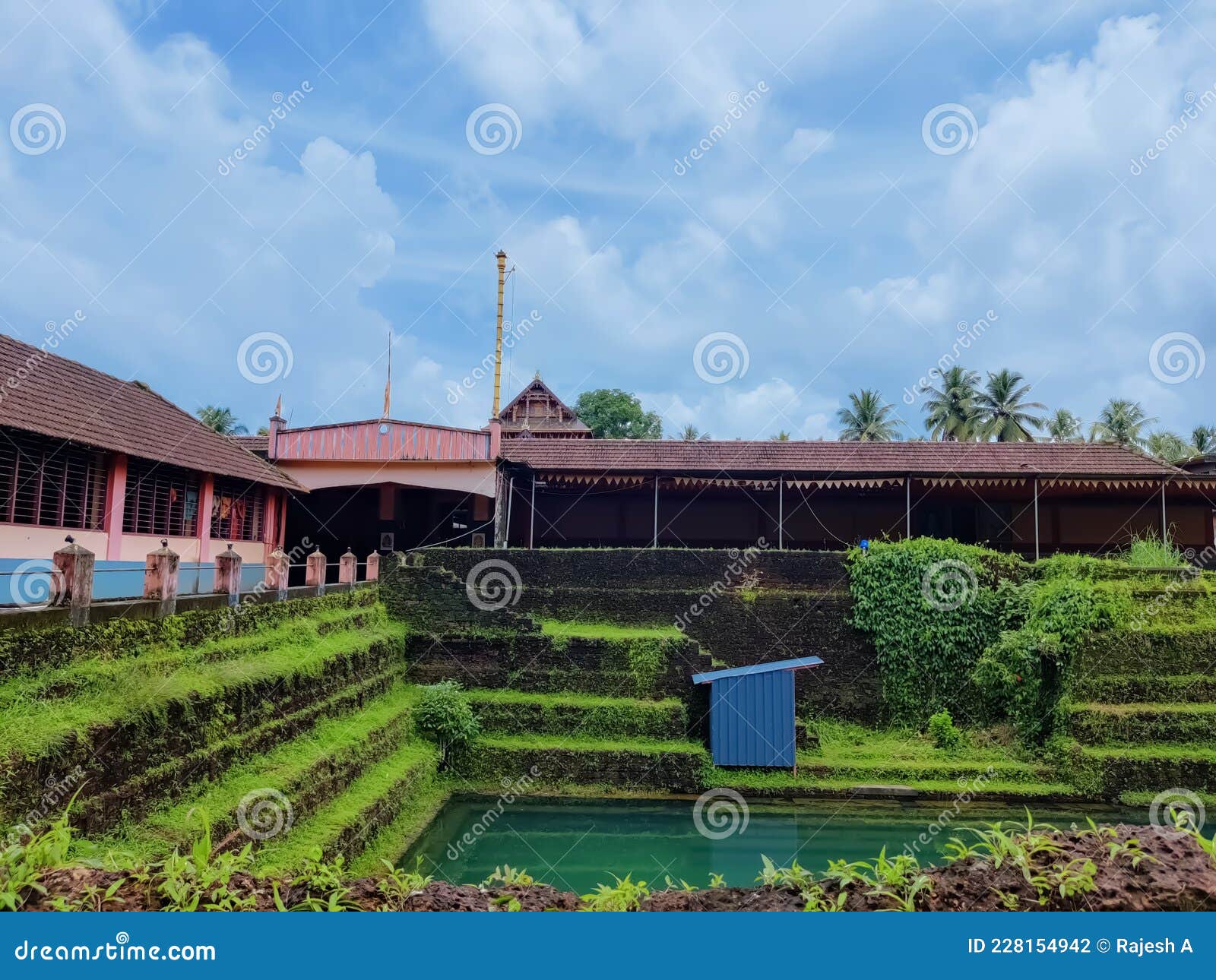 Kasaragod Kerala India July Ancient Kerala Temple Adoor Temple Architecture Design View Near Pond Under Blue Sky Ancient 228154942 