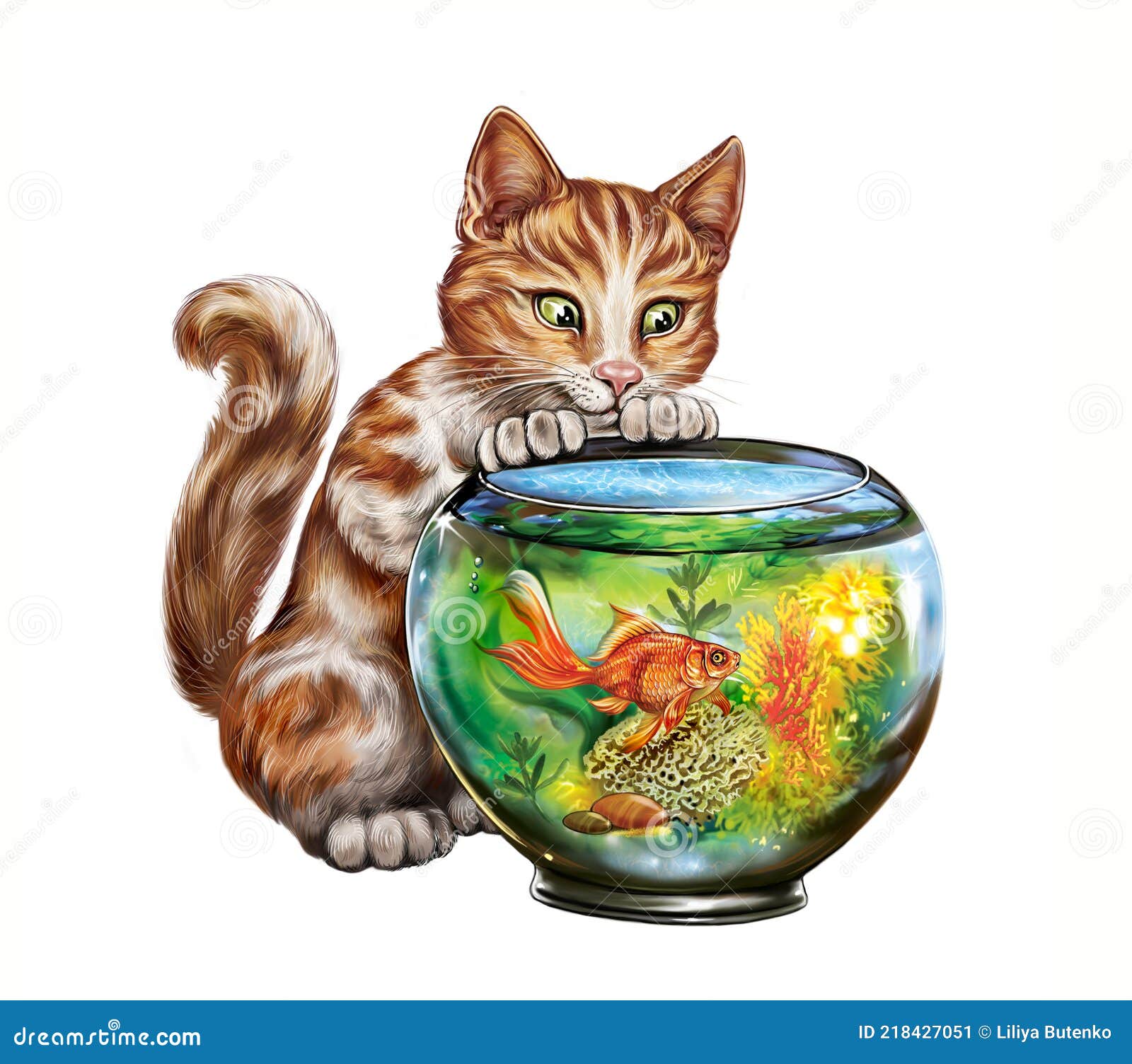 Kat En Vis In Het Aquarium Stock Illustratie. Illustration Of Jacht -  218427051