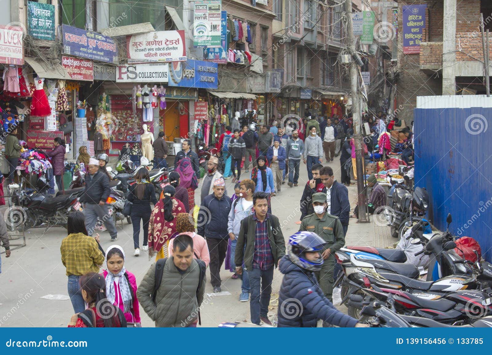 Pedestrian and Shopping City Street with People in Kathmandu Editorial