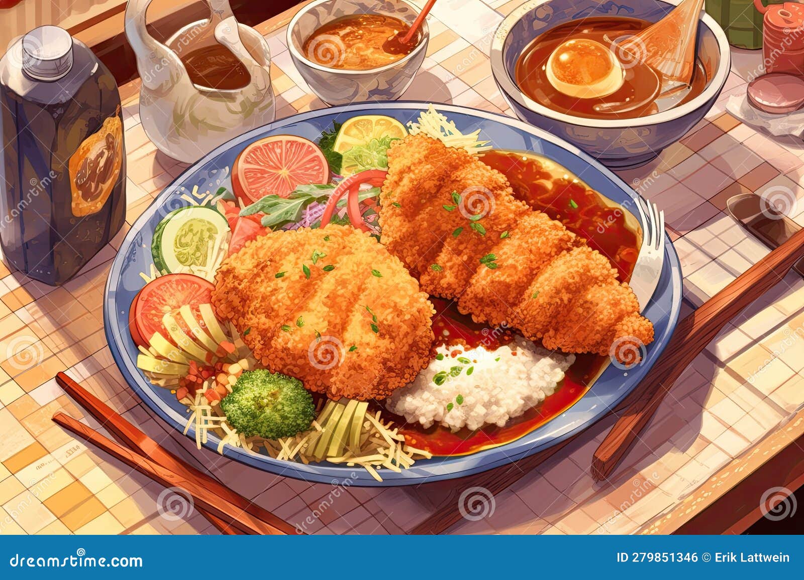 Katsu Curry Illustration - Made with Generative AI Tools Stock Illustration  - Illustration of colours, meat: 279851346