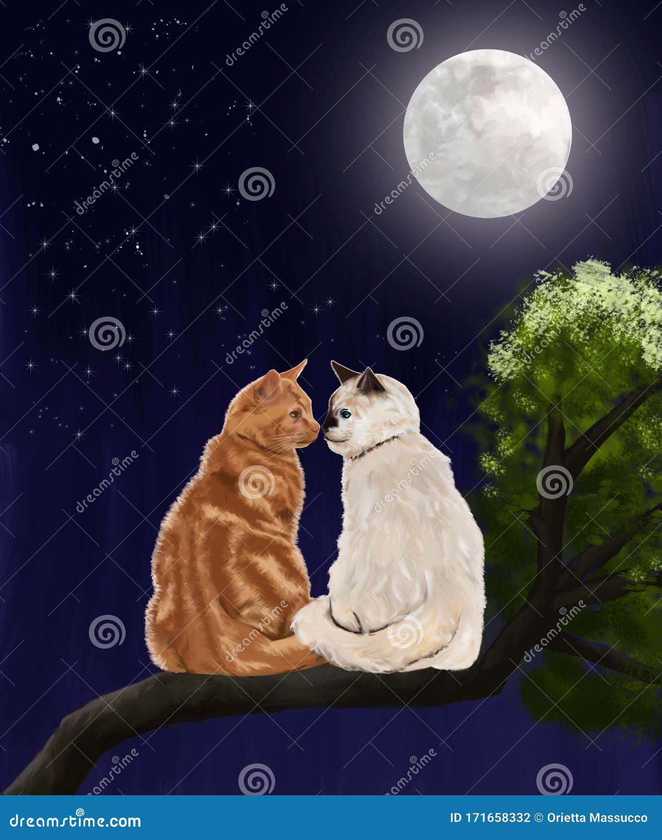 Katten in Liefde Een En Een Volle Maan Schilderen Stock Illustratie - Illustration of liefde, sterren: 171658332
