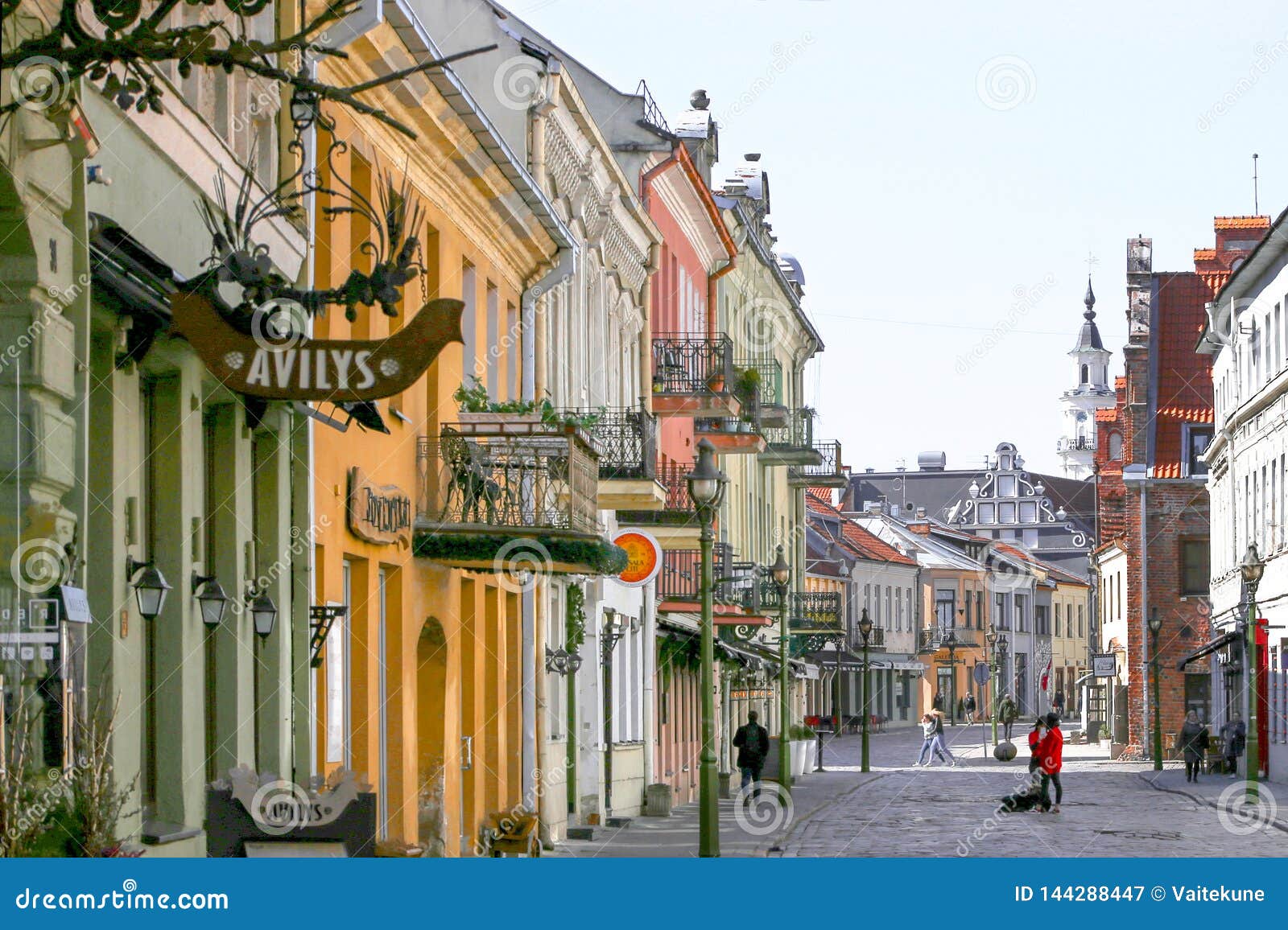 Kaunas, â€“ April 3, 2019: View of Vilnius Street in Kaunas Old Town. Editorial Photography - Image of