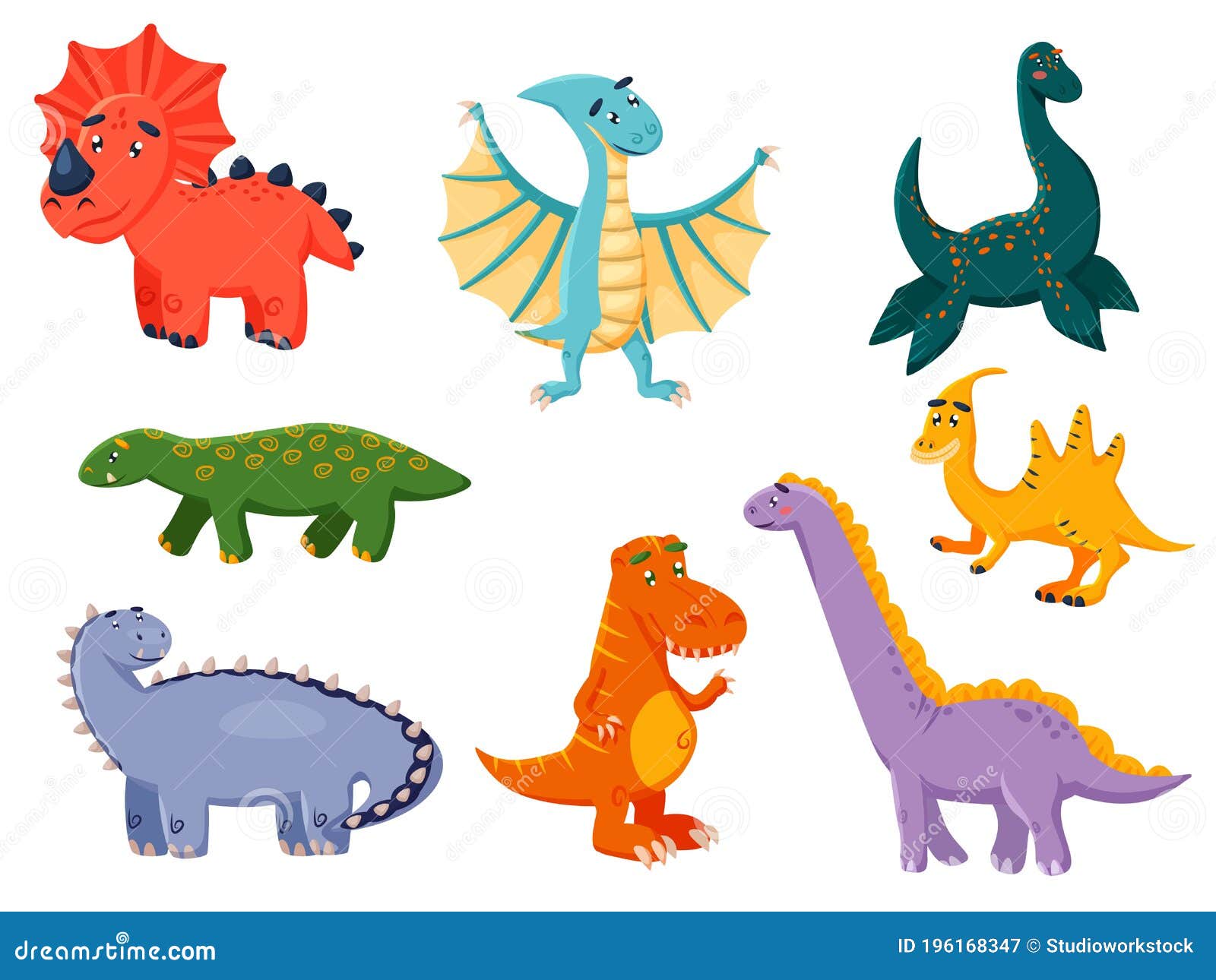Kawai Funny Dinosaur Cartoon Character Icon Set Stock Vector ...