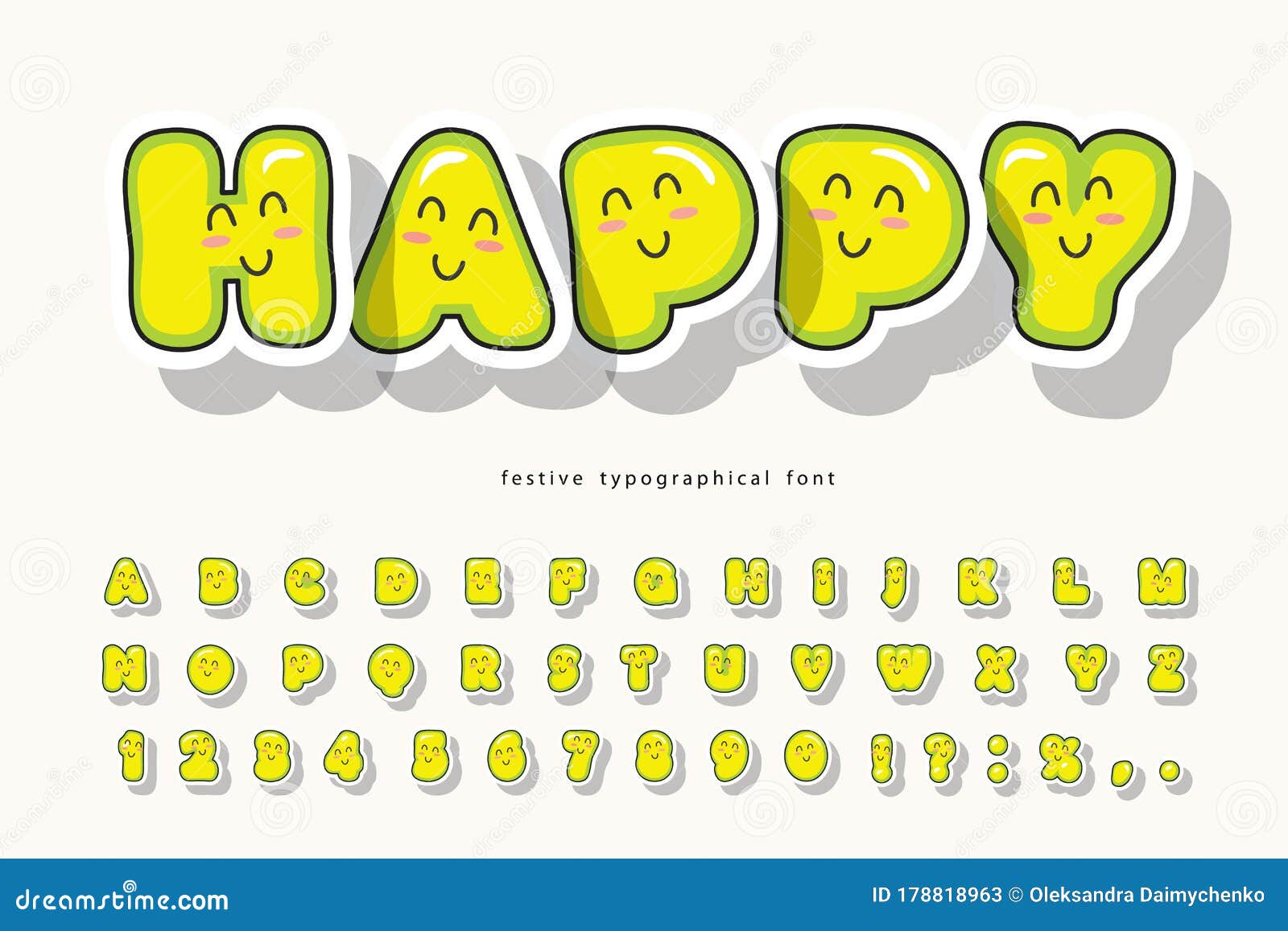 Kawaii Bubble Font with Funny Smiling Faces. Cute Cartoon Alphabet ...