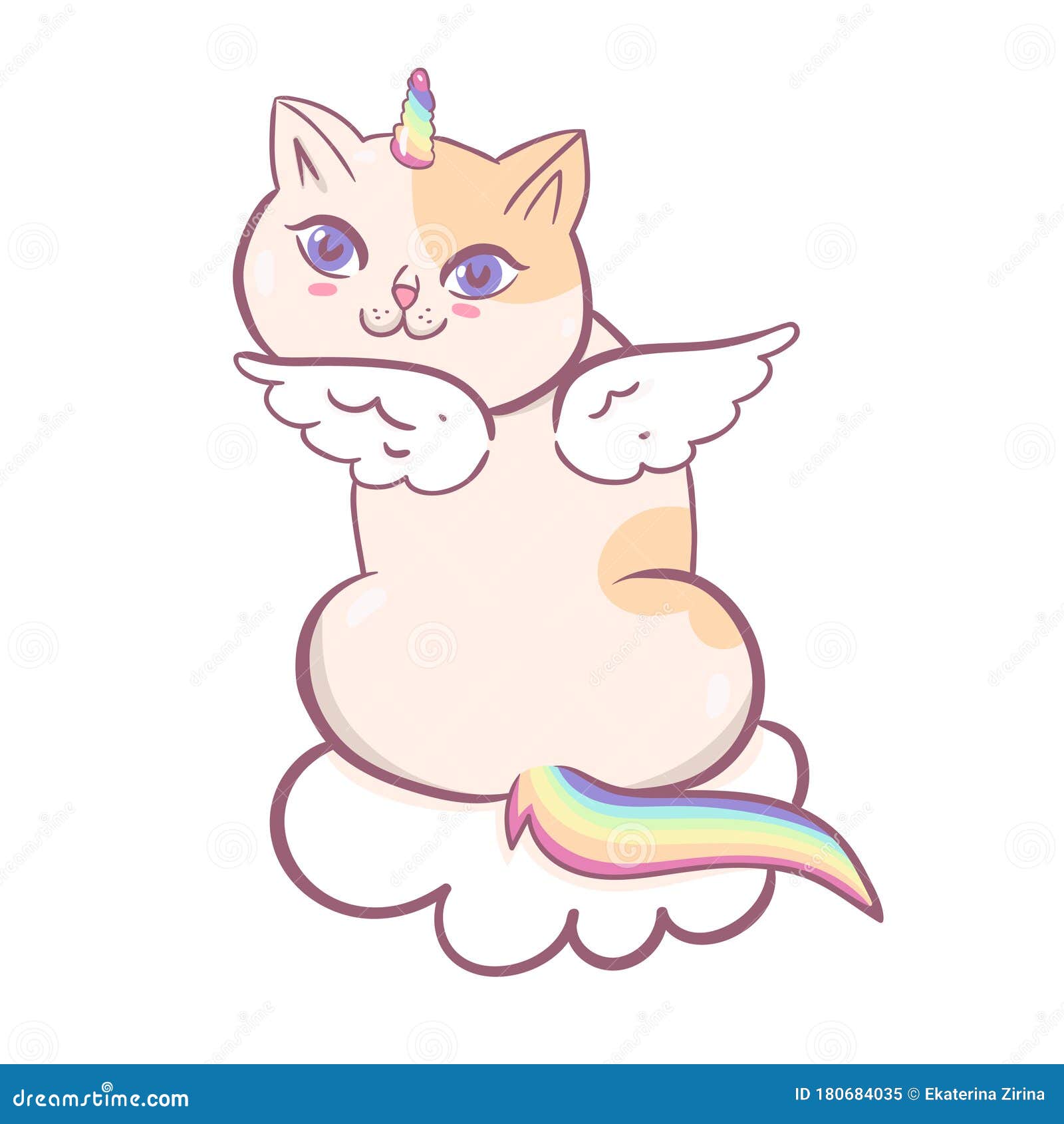 Kawaii Cat Unicorn Character Isolated on White Background. Vector