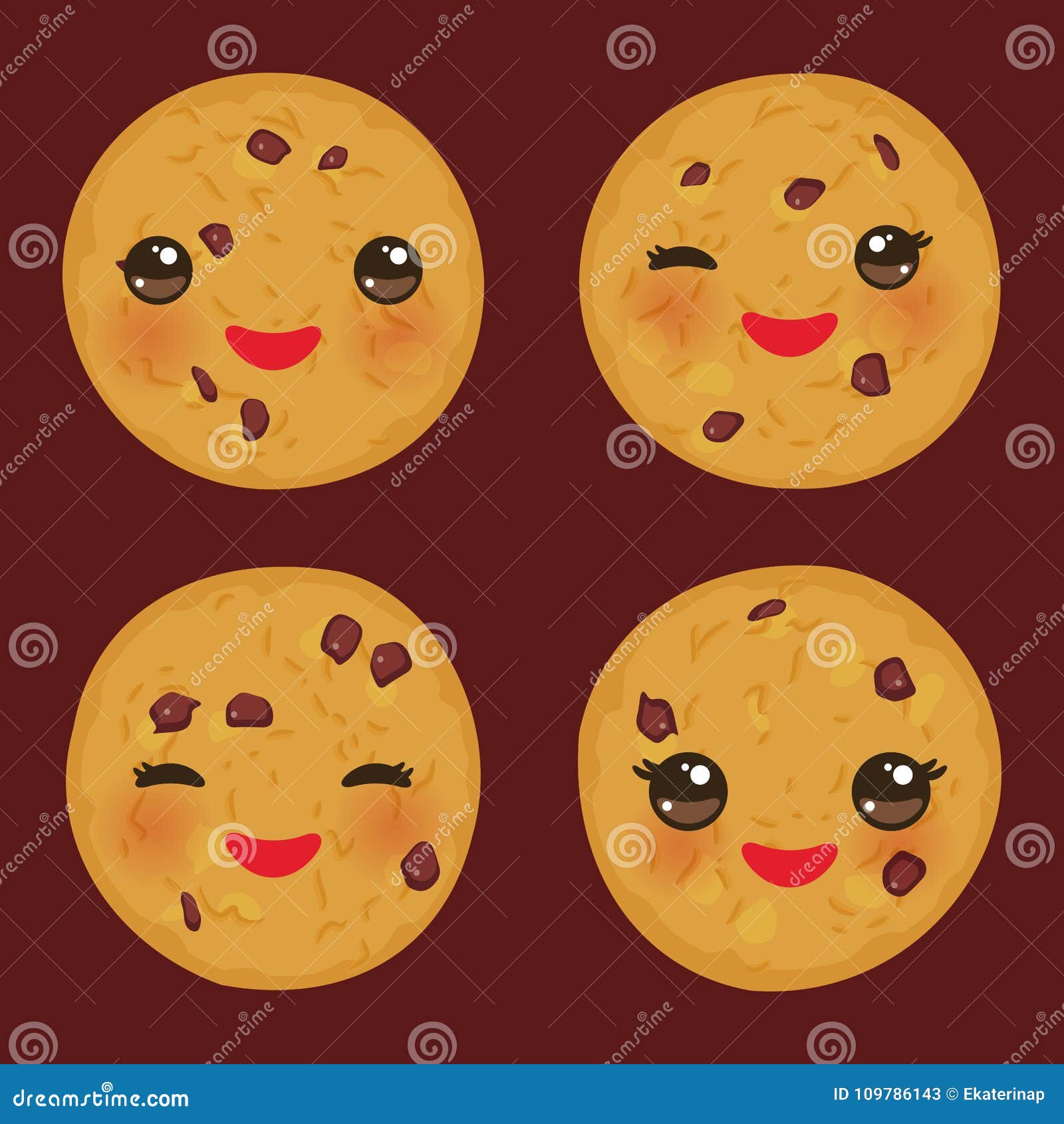 Kawaii Chocolate Chip Cookie Set Freshly Baked Isolated on Brown Background. Cute Face with Pink Cheeks and Eyes. Bright Colors Stock Vector - Illustration of heap, graphic: 109786143 Kawaii Chocolate Chip Cookie Set Freshly Baked Isolated on Brown Background. Cute Face with Pink Cheeks and Eyes. Bright Colors Stock Vector - Illustration of heap, graphic: 109786143
