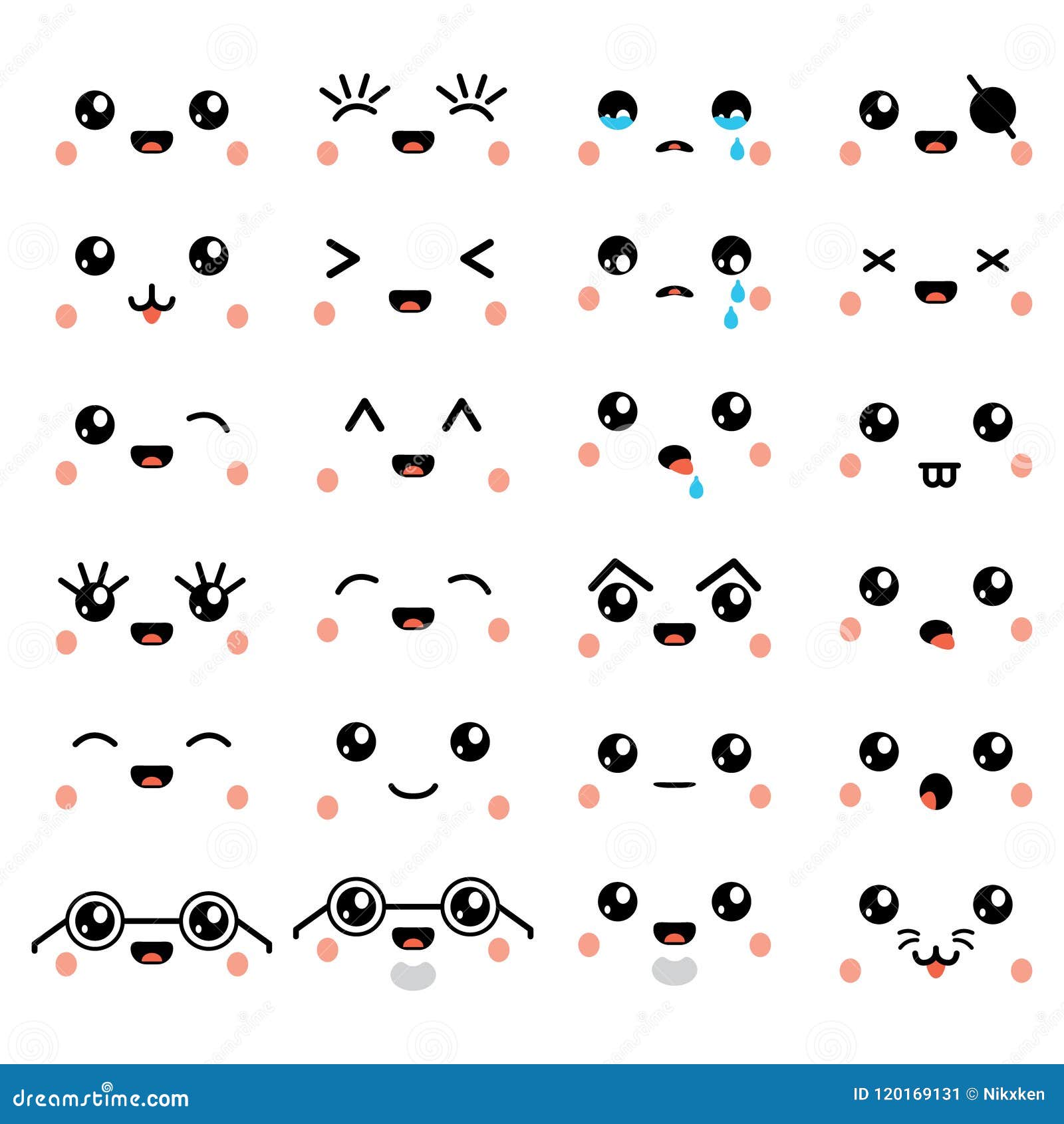 Kawaii or Cute Emoticon, Emoji and Face Icons Set. Vector Stock Vector ...