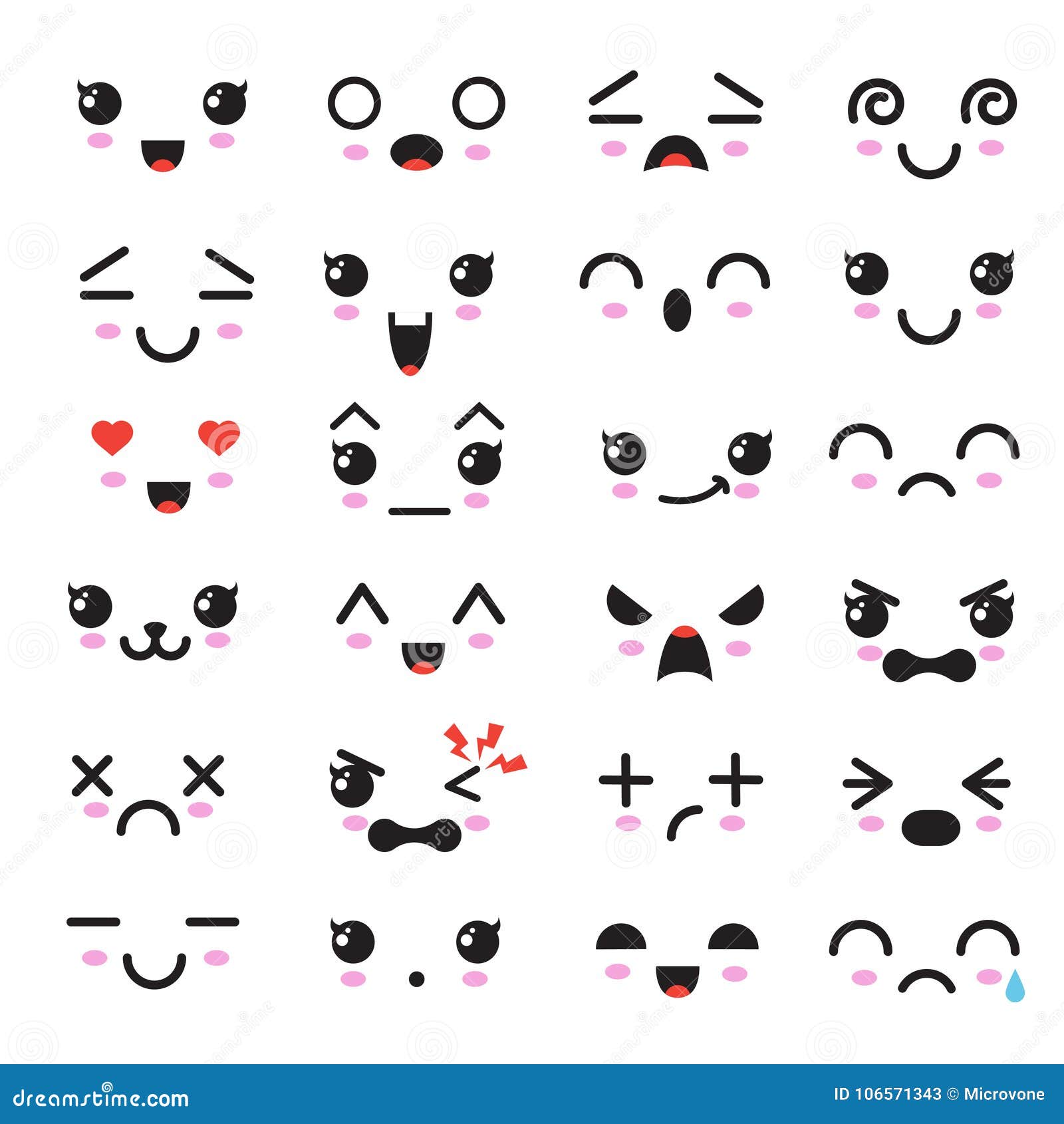 Kawaii Cute Faces Manga Style Eyes And Mouths Stock Vector