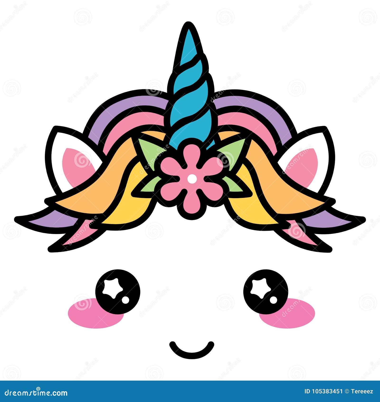 kawaii cute unicorn face rainbow pastel color with flower