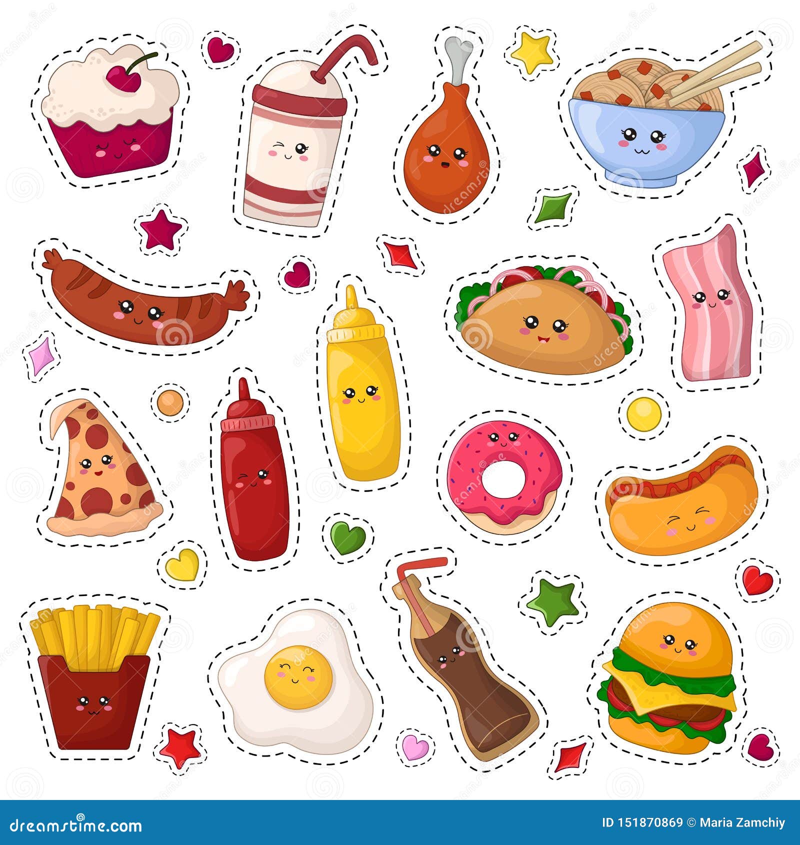 Set of Fun Stickers Desserts Kawaii Bakery Food Stock Vector