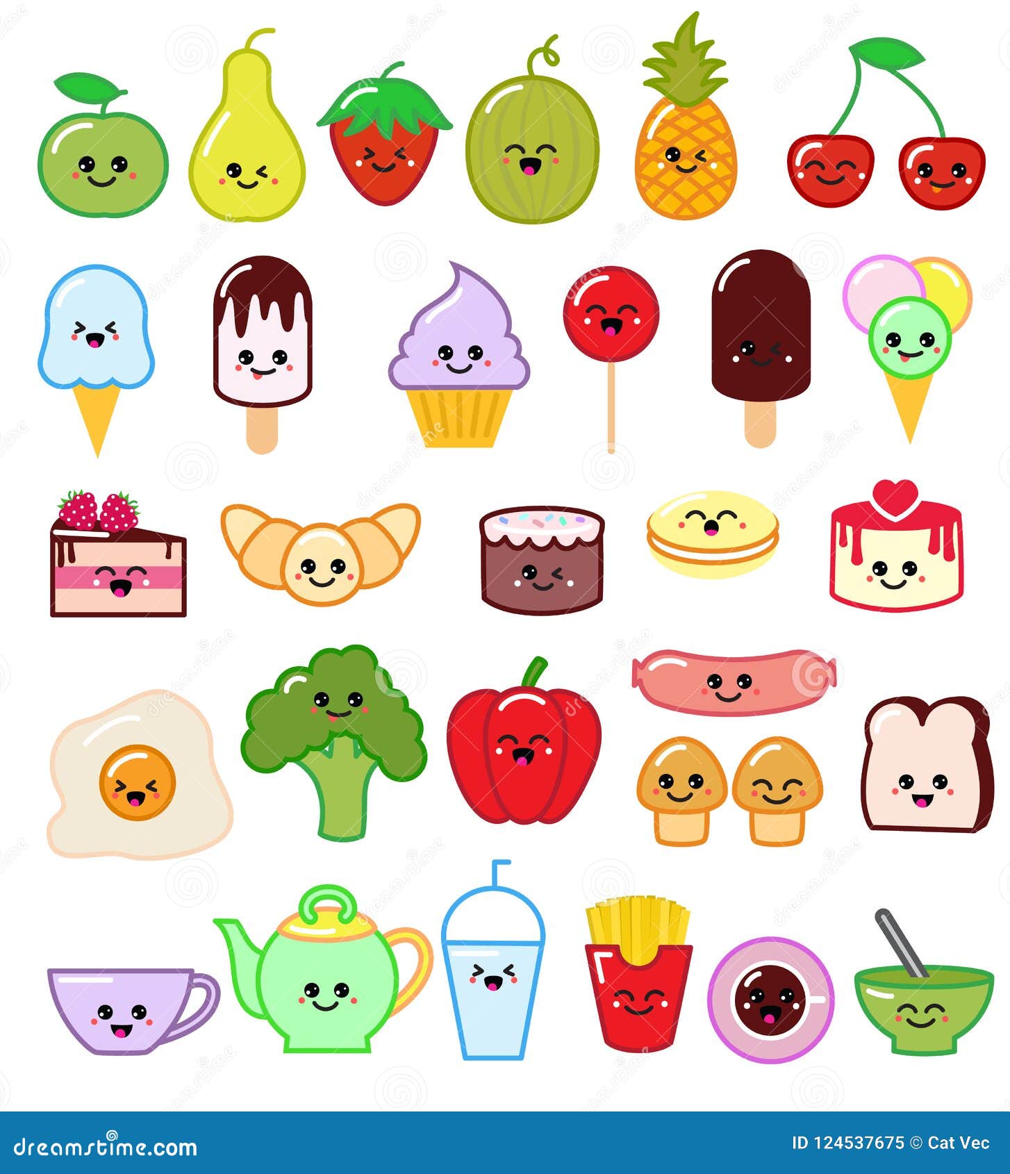 Kawaii Food Vector Emoticon Japanese Fruit Or Vegetable Character And Emoji Dish With Cartoon Sausage In Japan Stock Vector Illustration Of Character Fresh 124537675