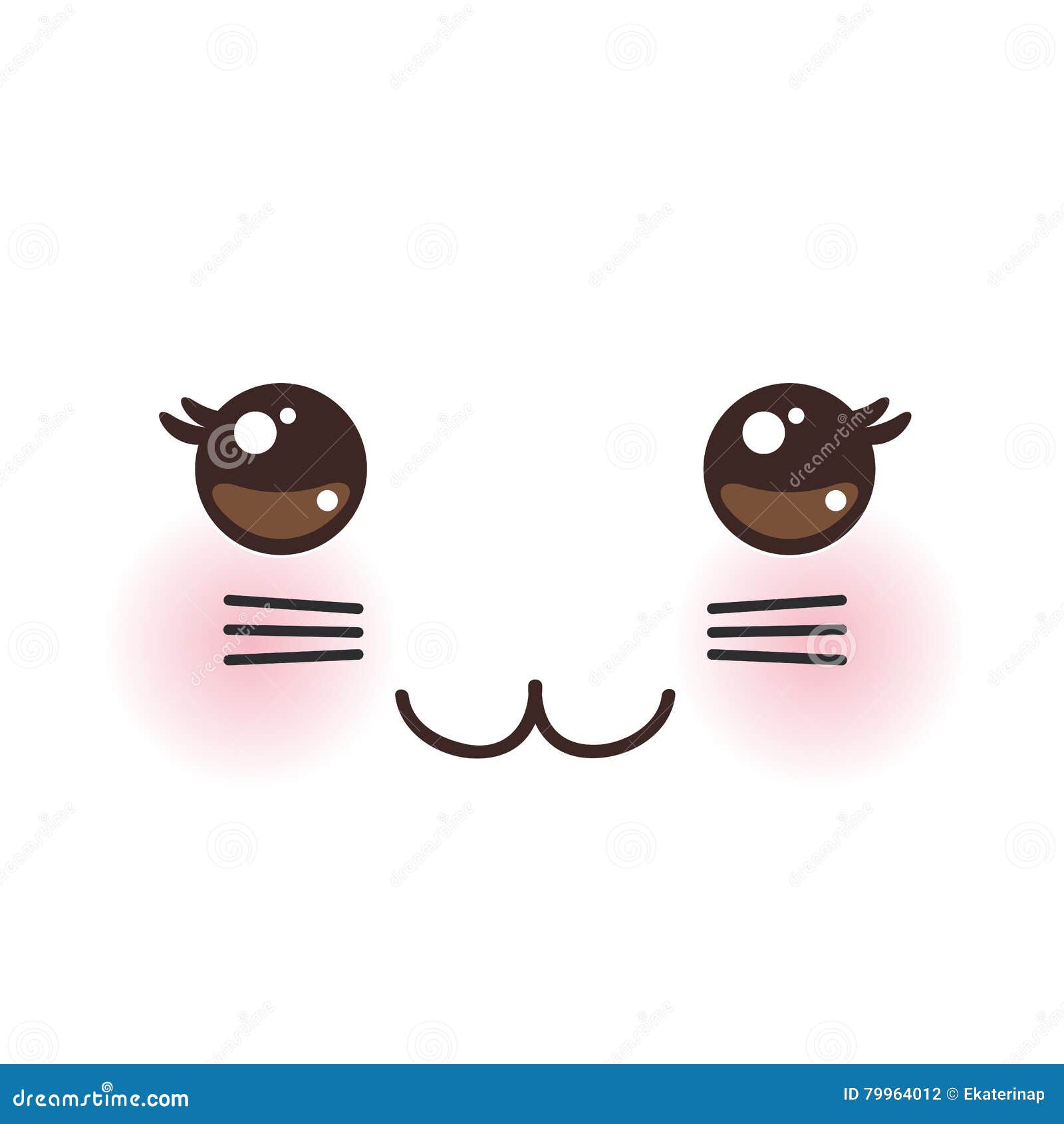 Kawaii Funny Cat Muzzle With Pink Cheeks And Big Black Eyes On White