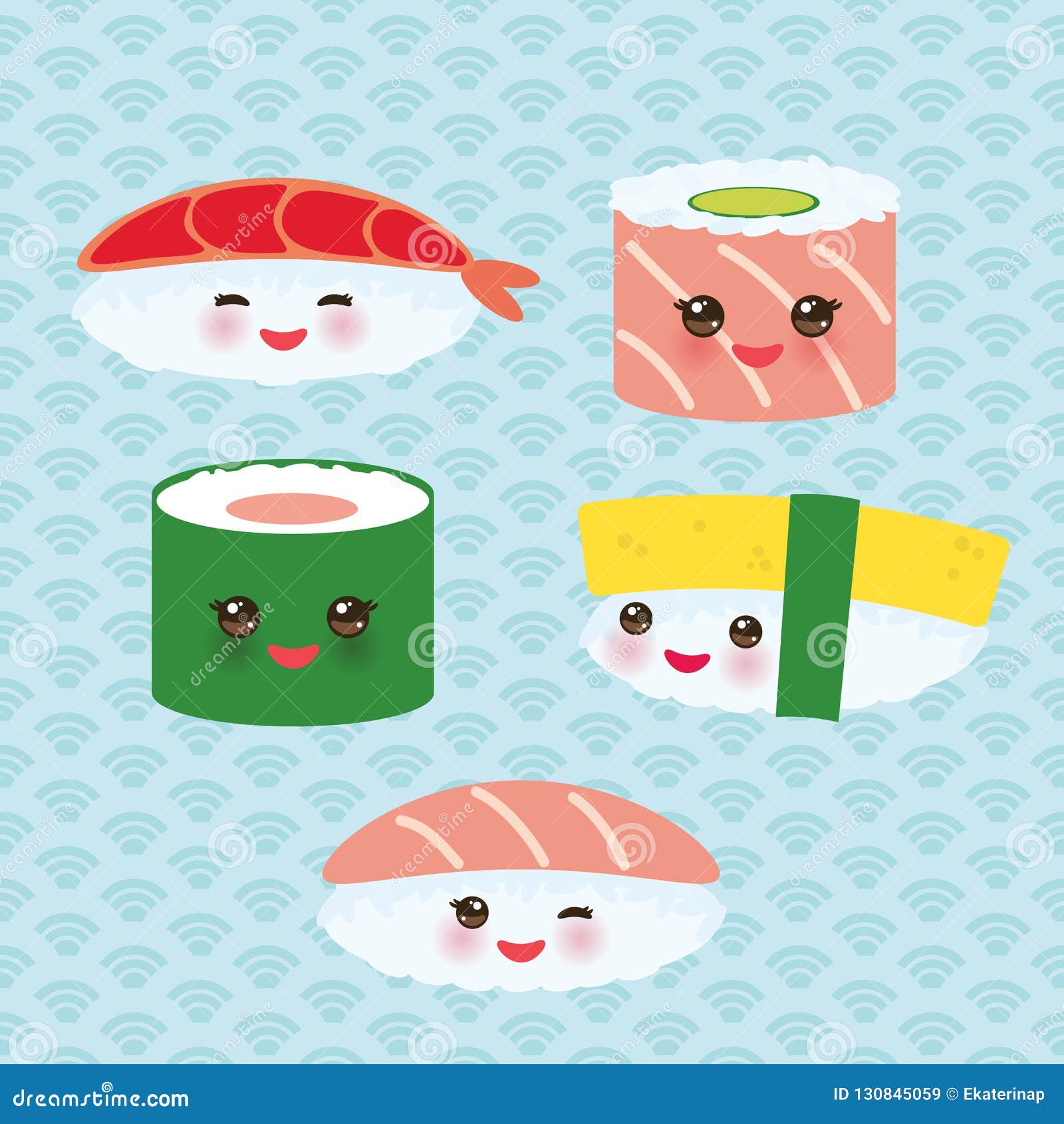 Kawaii Funny Sushi Rolls Kit with Pink Cheeks and Big Eyes, Emoji Baby ...