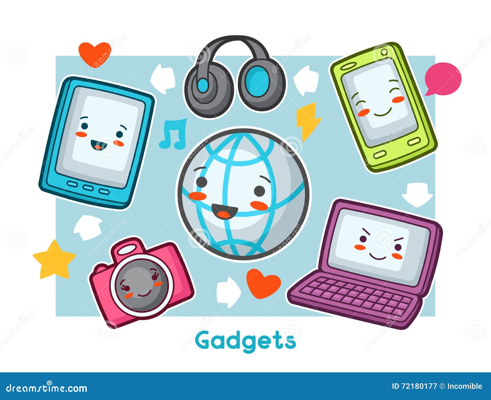 Kawaii Gadgets Funny Card. Doodles with Pretty Facial Expression Stock  Vector - Illustration of media, character: 72180177