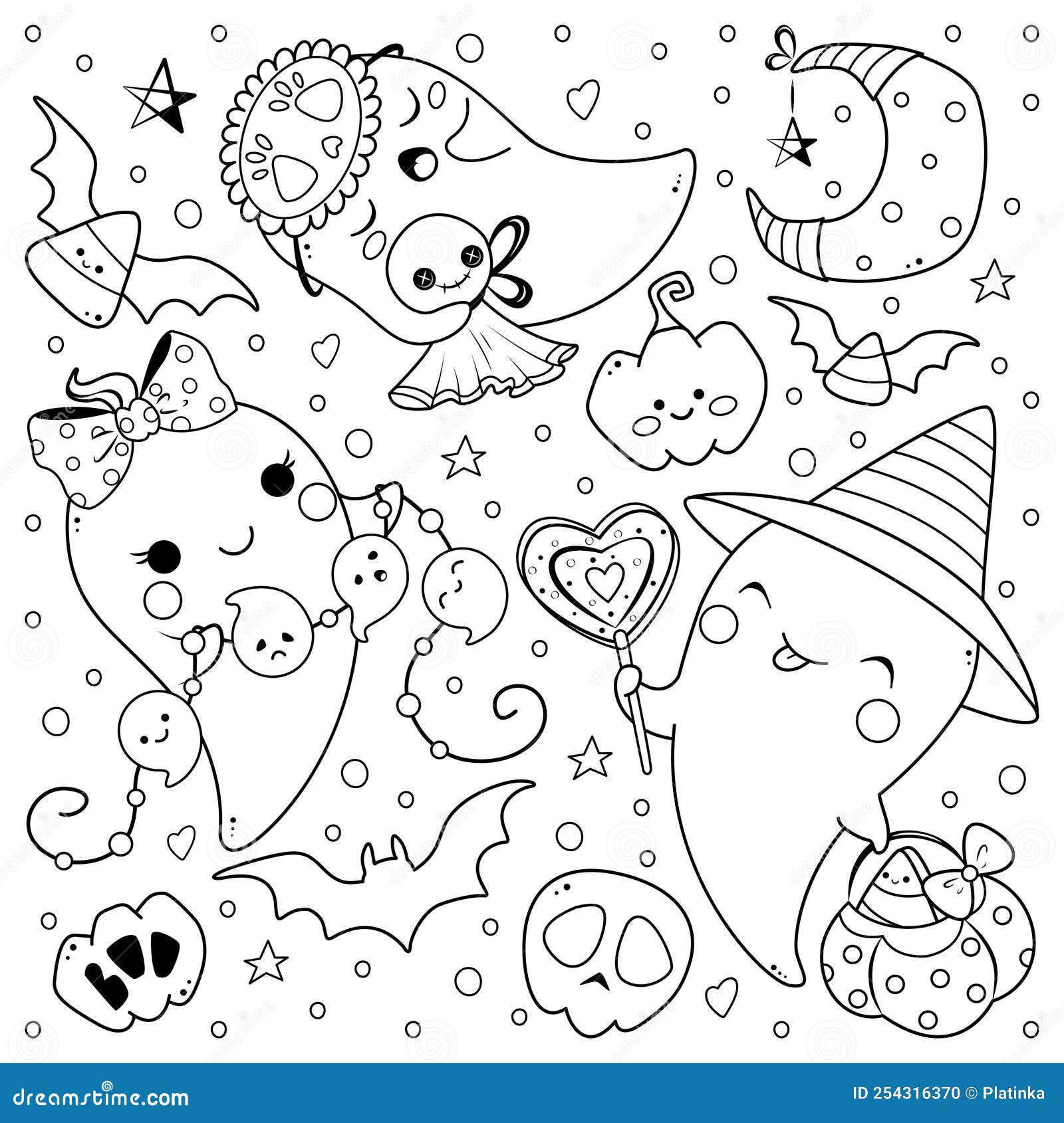 Kawaii Ghosts for Halloween Coloring Page Cartoon Vector Illustration ...