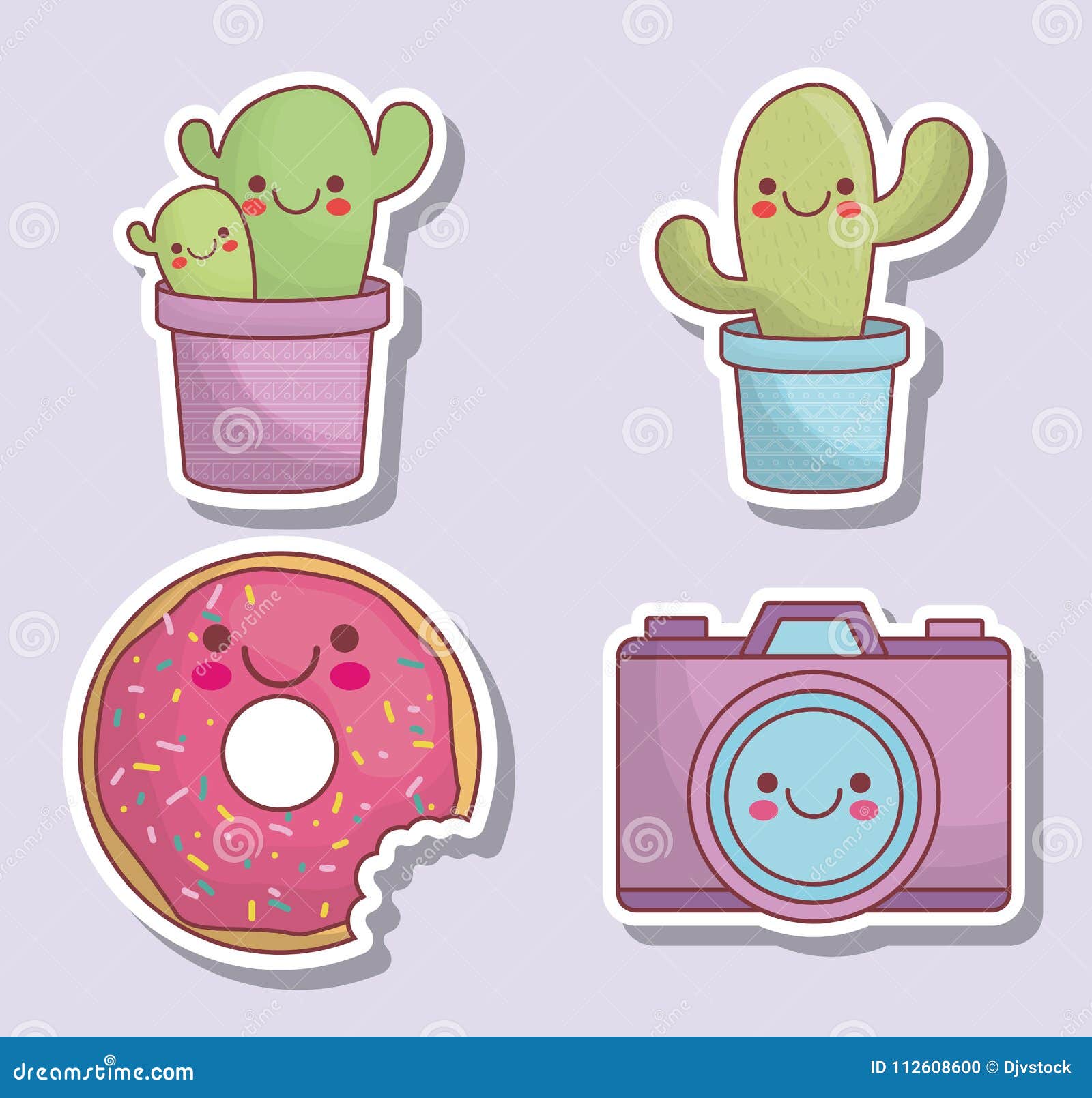 Kawaii Kamera Och Kaktussymboler Vektor Illustrationer Illustration Av Kaktus Olikt