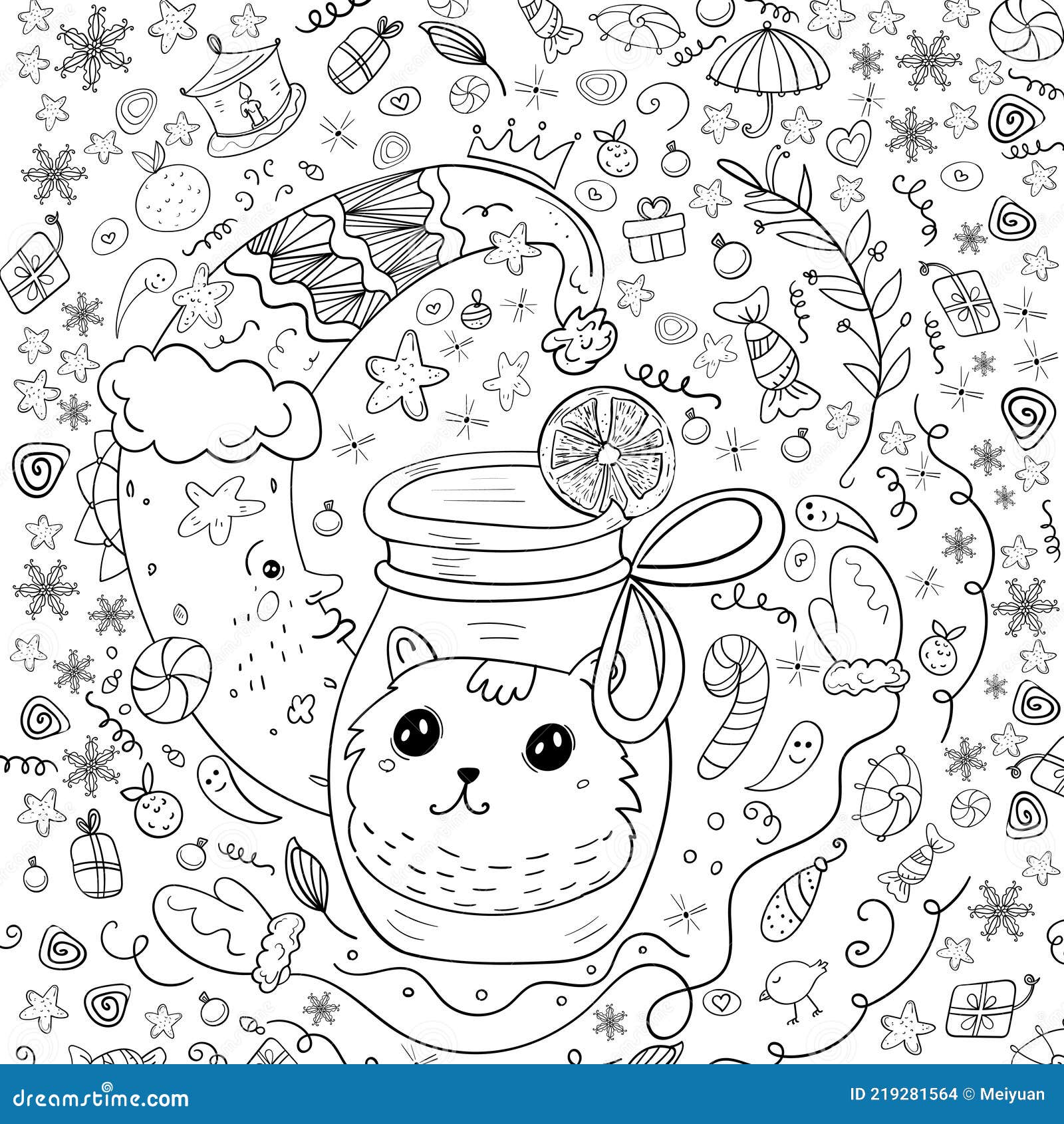 Kawaii Navidad Ilustración Luna Creciente Corona Estrella Regalo Etc.  Navidad Zentangle Garabatos Patrones Para Colorear Ilustración del Vector -  Ilustración de mano, juguete: 219281564