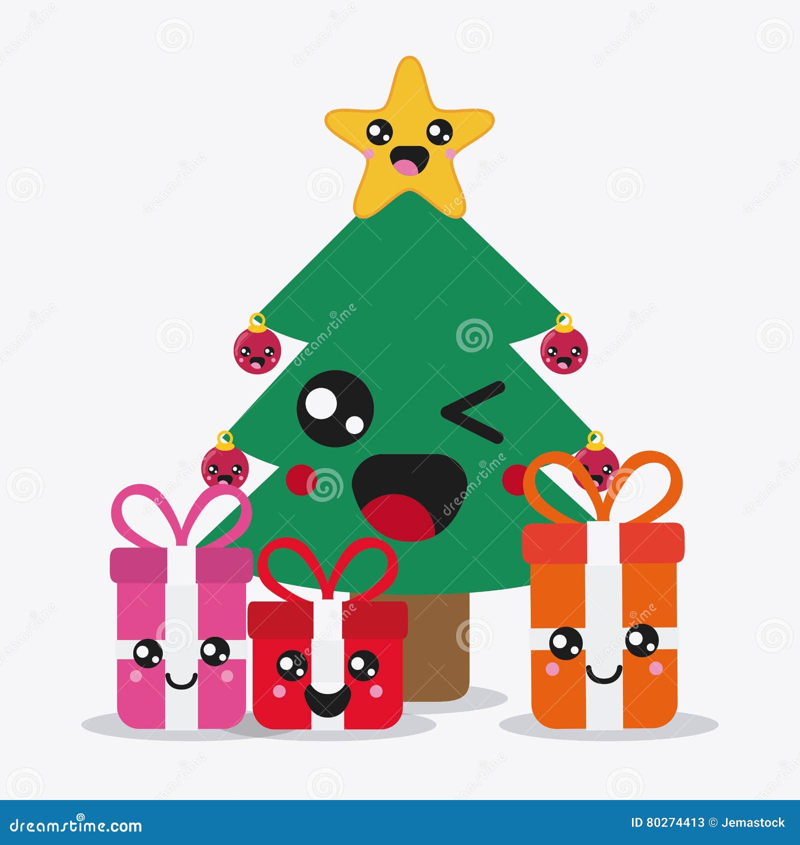 Kawaii Pine Tree and Gifts. Merry Christmas Design. Vector Graph Stock  Vector - Illustration of decorative, season: 80274413