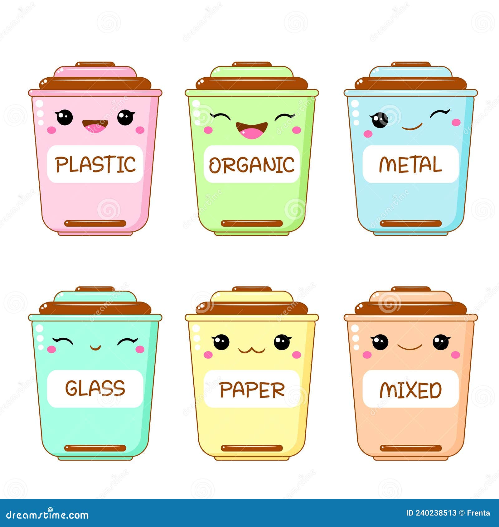 Garbage sorting containers in cute kawaii style. Different recycle bins  with positive emotions Stock Vector by ©robuart 550463792