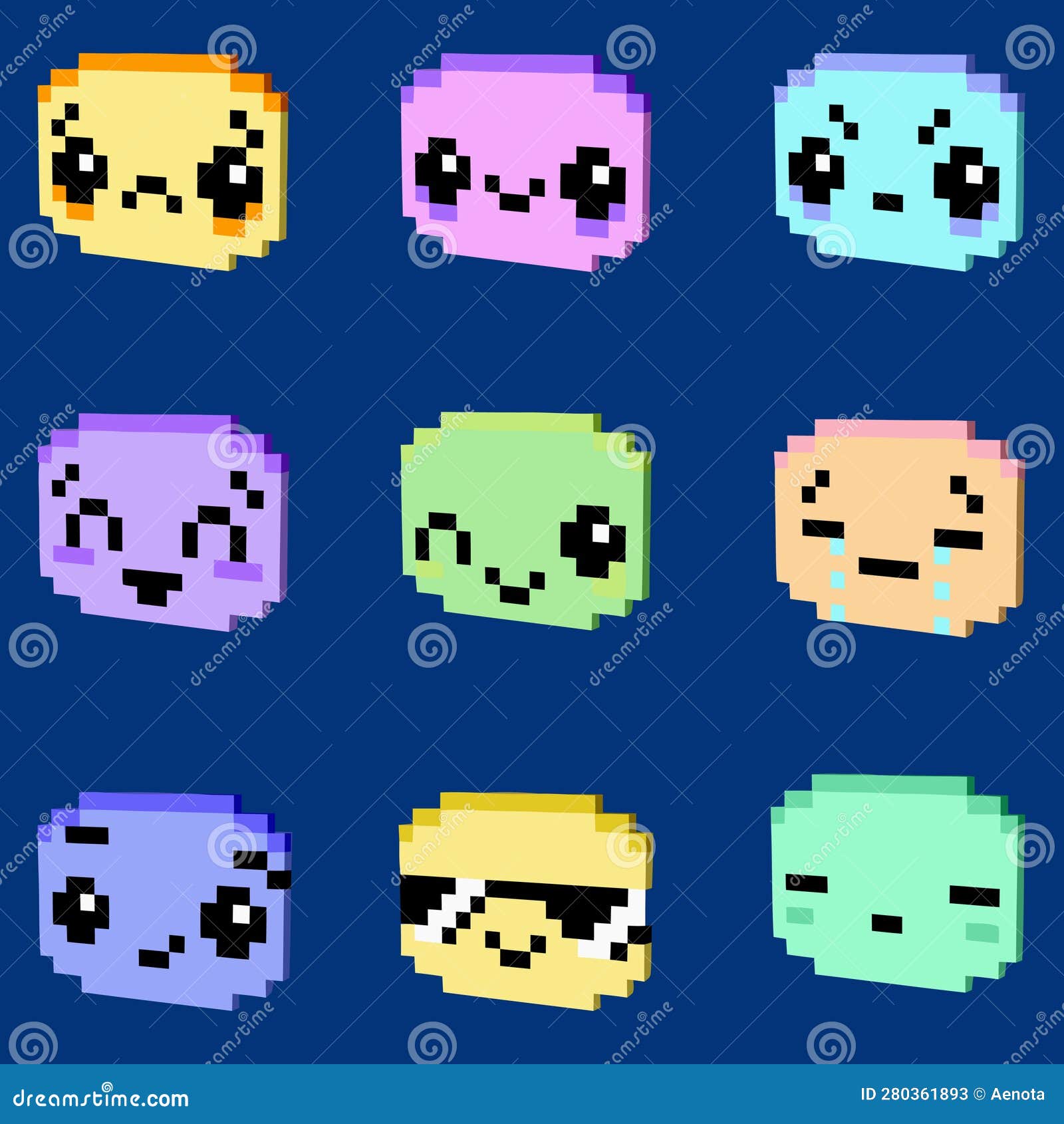 Kawaii Smiley Icons of 3D Pixel Art for Design Project Stock Vector