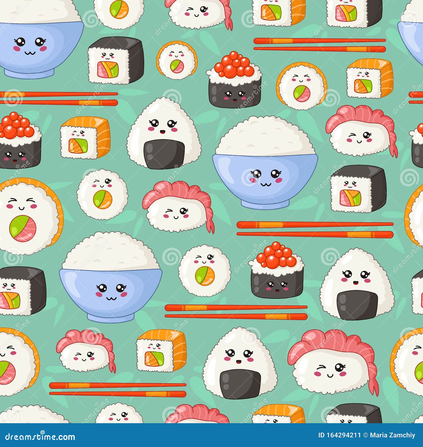 Kawaii Sushi, Sashimi and Rolls - Seamless Pattern Stock Vector ...