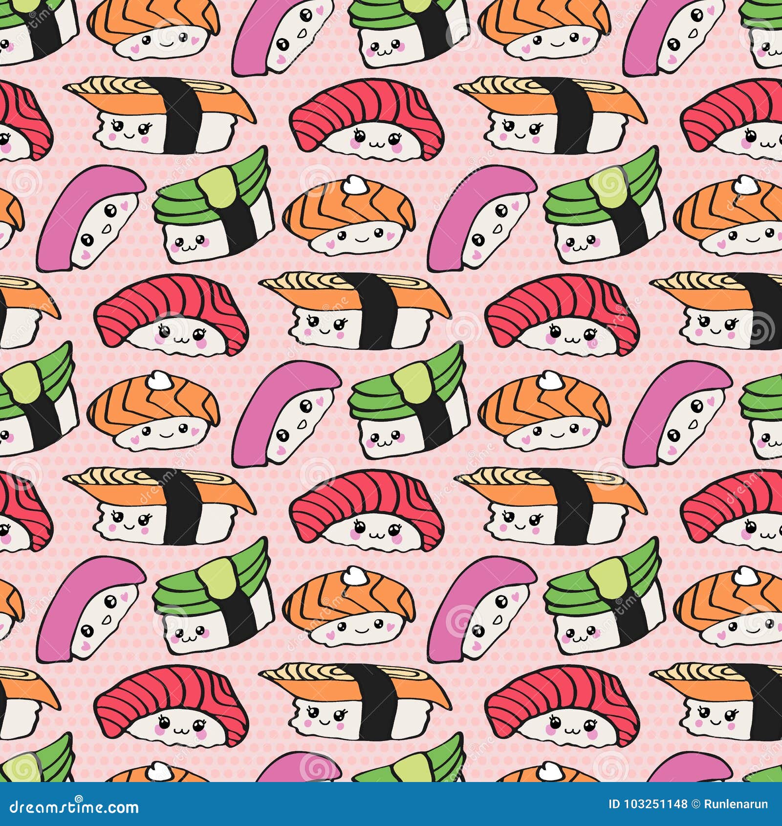 Kawaii Sushi Seamless Pattern, Hand Drawn Background With Stock ...