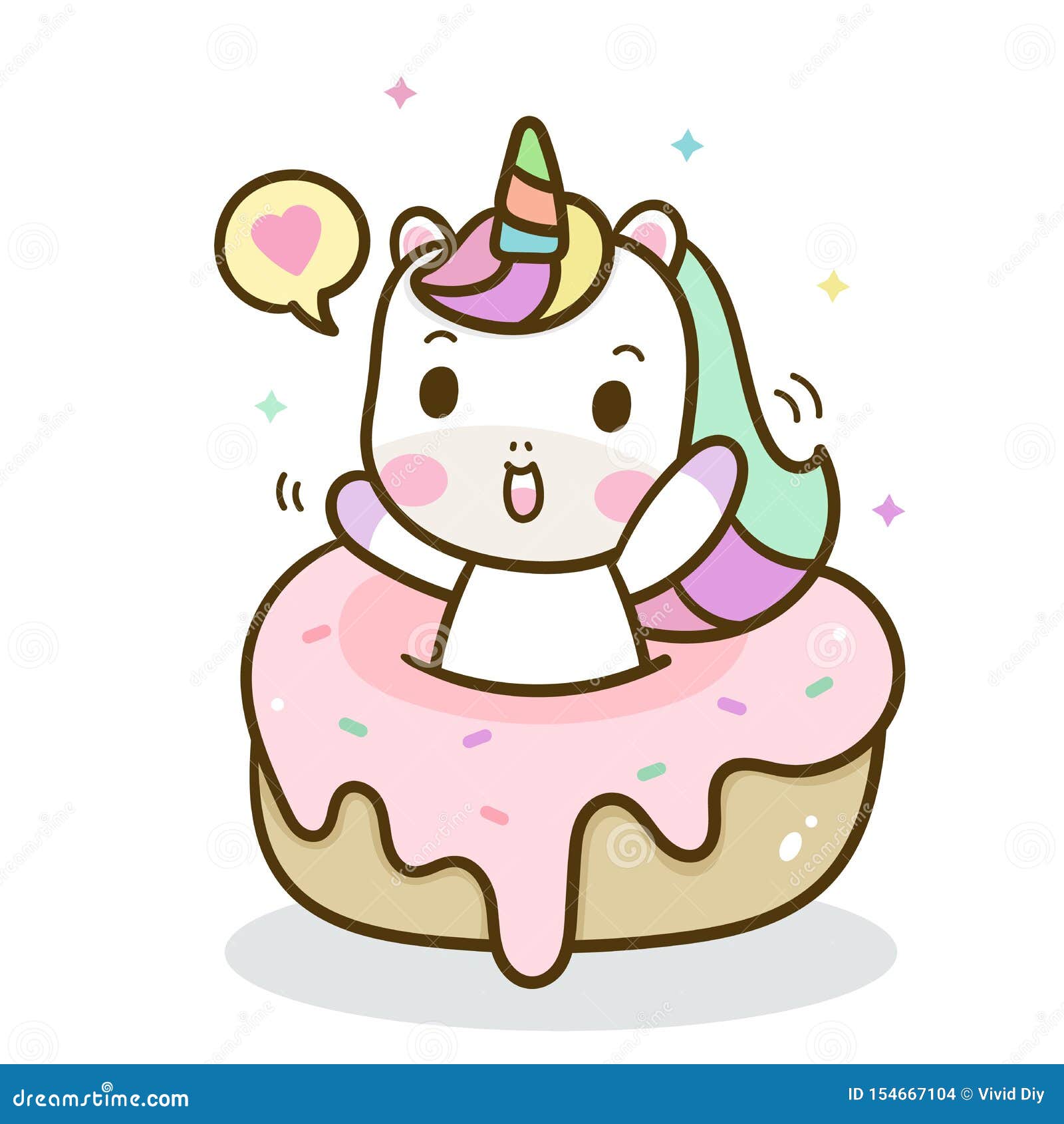 Kawaii Unic Happy Emotionorn Vector With Birthday Cake Stock