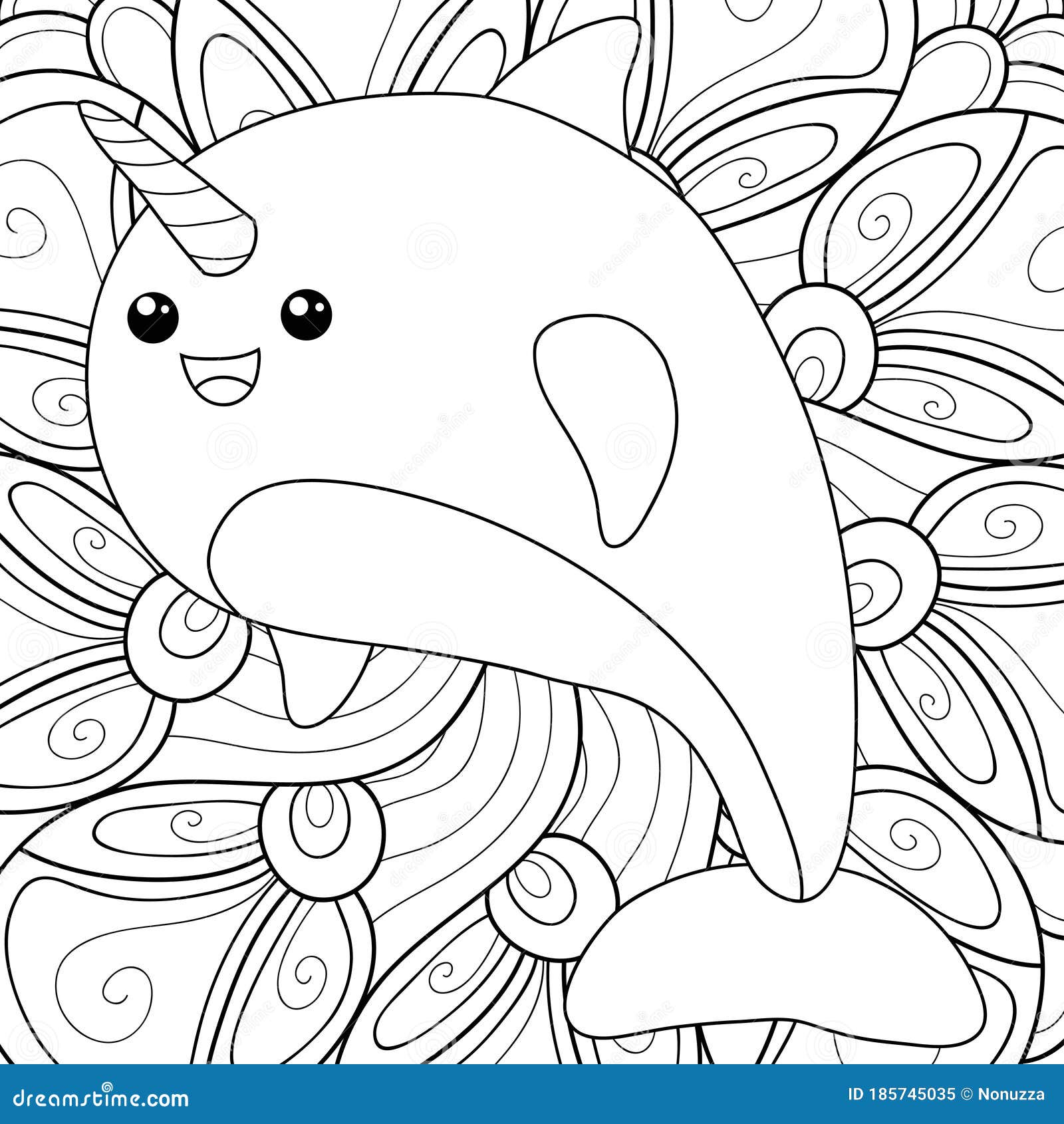 Adult Coloring Book,page a Kawaii Unicorn Dolphin on the Abstract