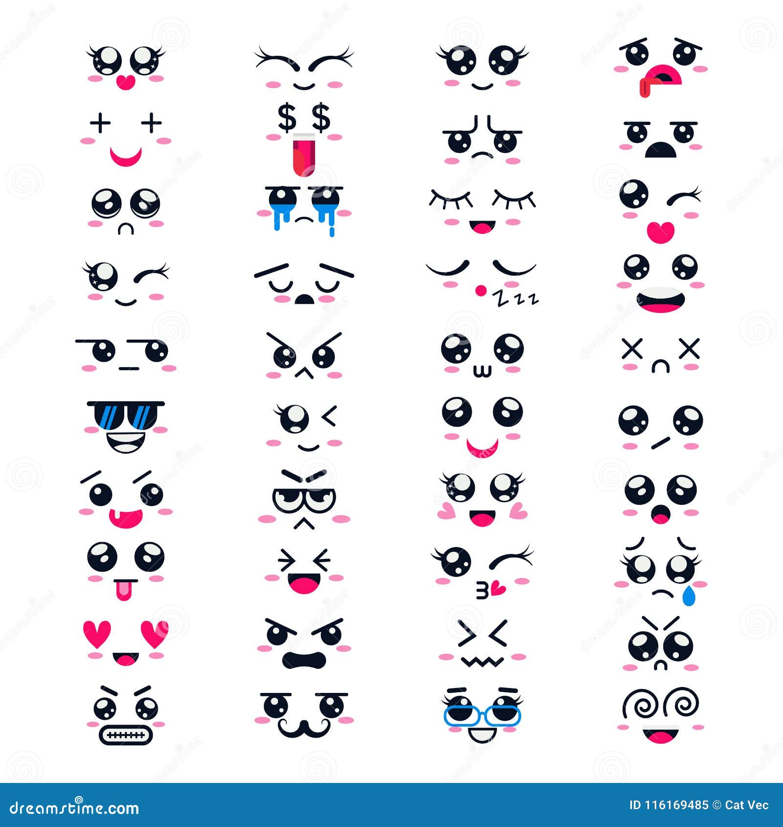 kawaii  cartoon emoticon character with different emotions and face expression collection  emotional