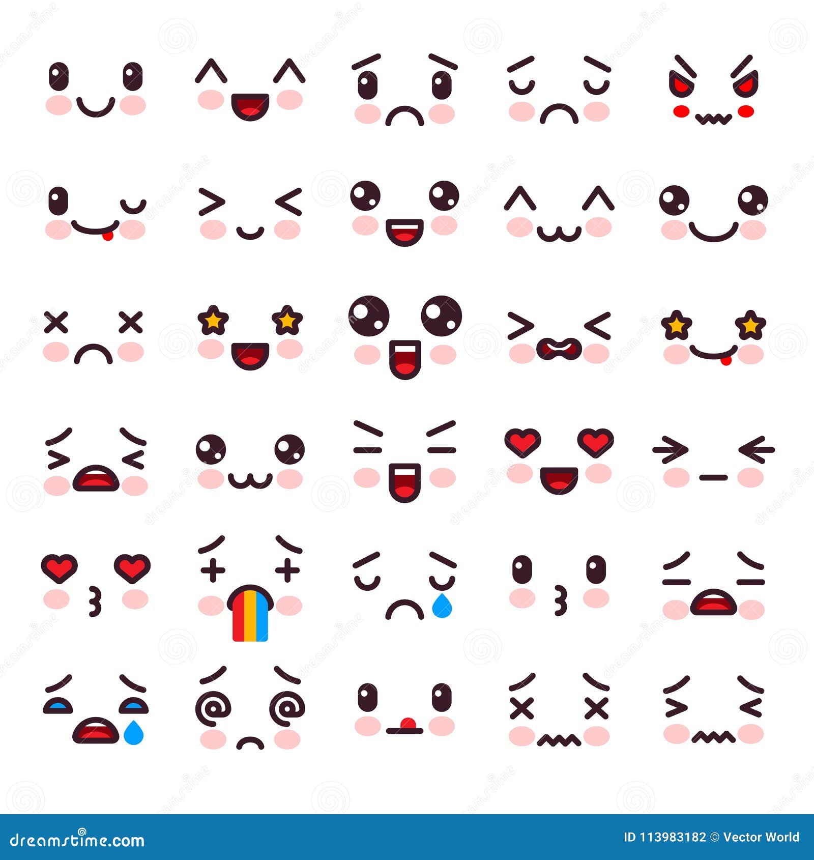 kawaii  cartoon emoticon character with different emotions and face expression  emotional set of