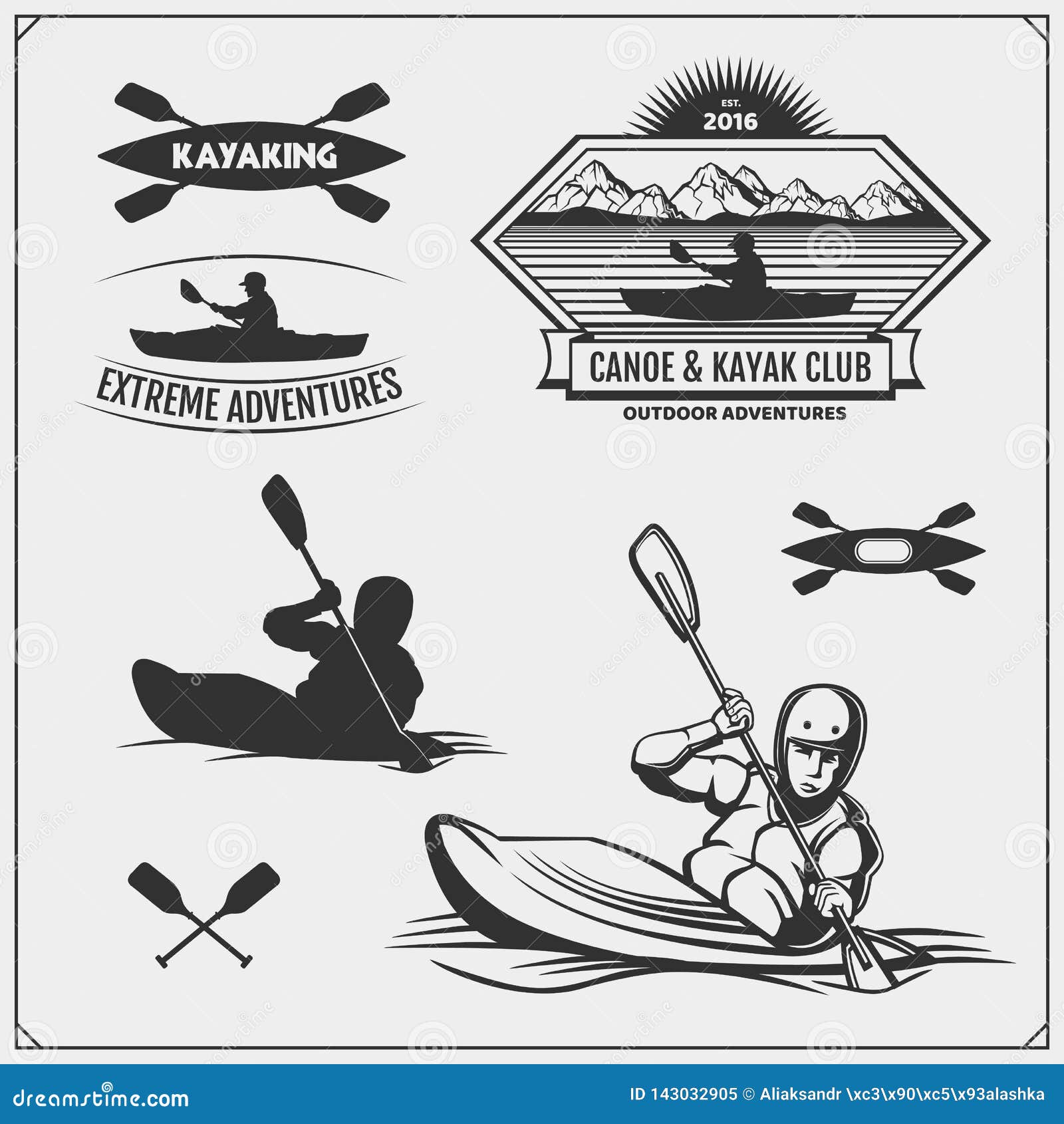 Kayak and Canoe Emblems, Labels, Badges and Design Elements. Print