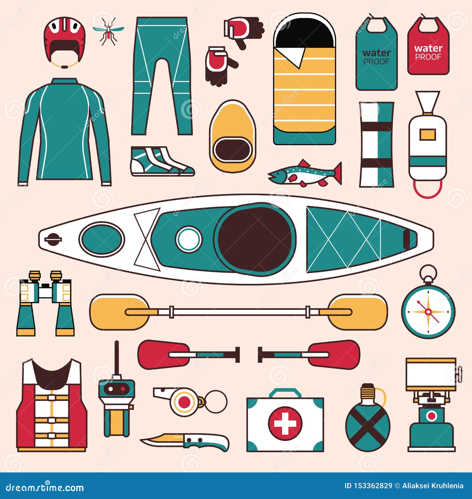 Kayaking Gear and Elements Line Icons Set Stock Vector - Illustration of  paddling, boating: 153362829