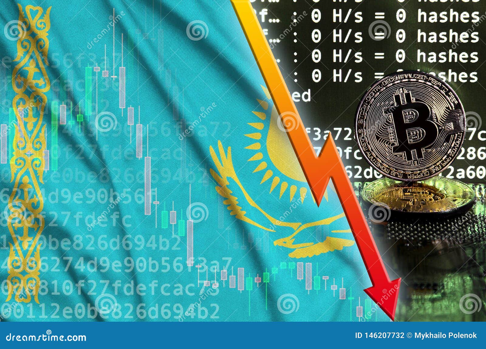 Kazakhstan Flag and Falling Red Arrow on Bitcoin Mining Screen and Two