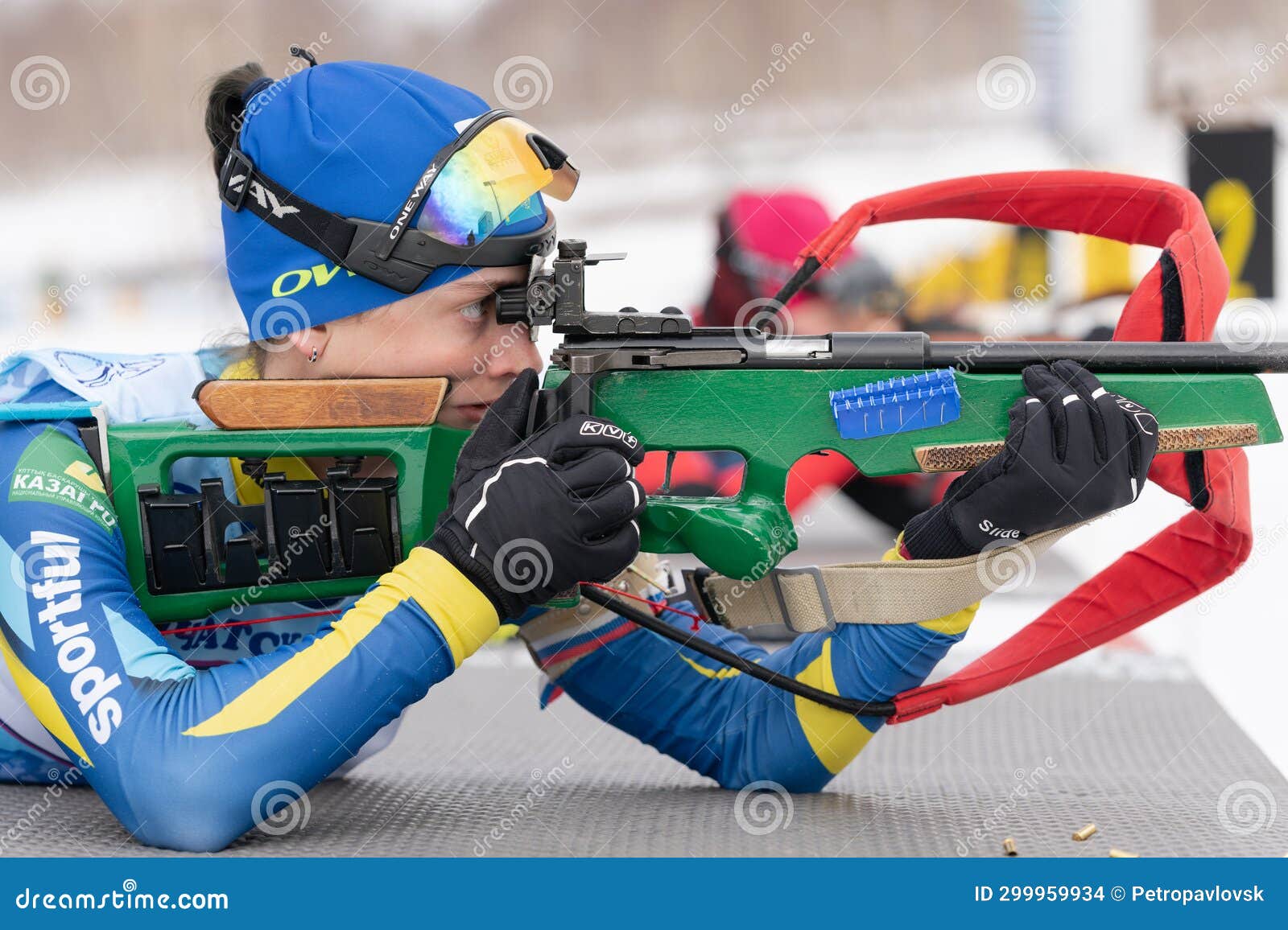 Kazakhstan Sportswoman Biathlete Kryukova Arina Rifle Shooting In Prone Position Biathlete In