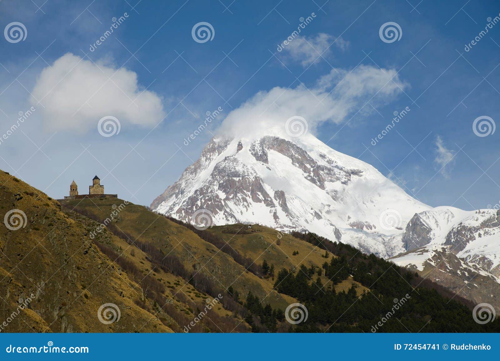 Kazbek Peak Mountains and Blue Sky. Stock Image Image of church, hill
