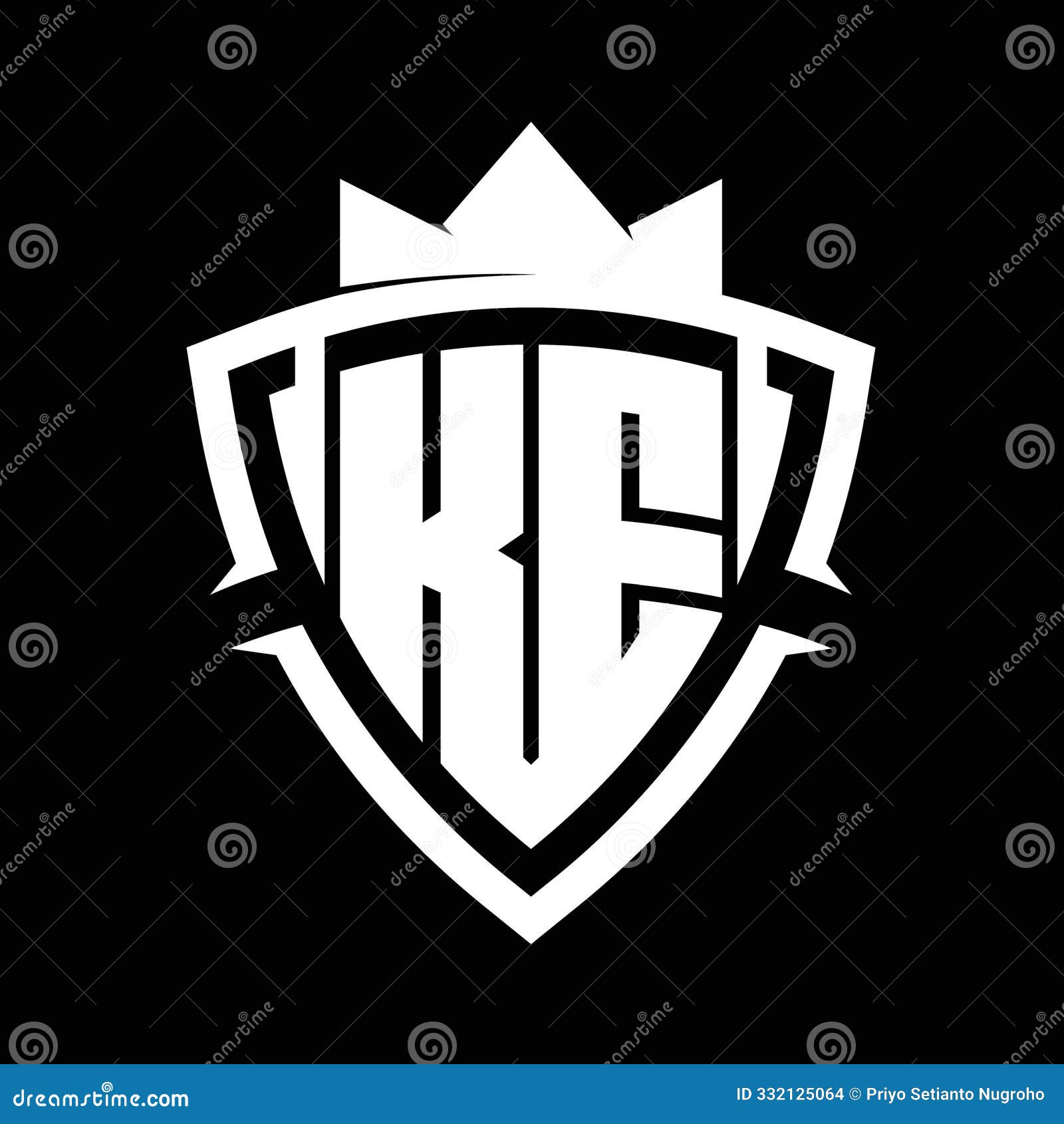 ke letter monogram with triangle curve shield  with crown white and black background color 