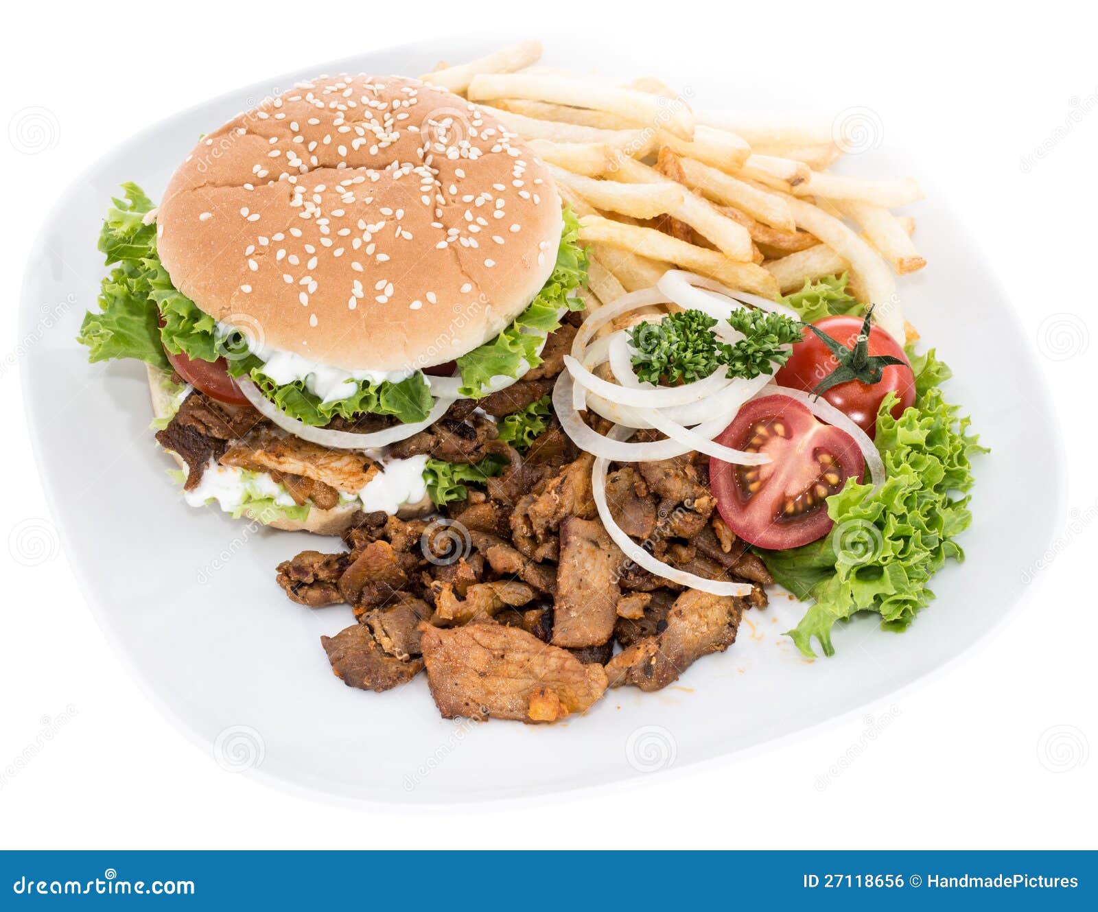 Kebab Burger with Chips on White Stock Photo Image of pork, lunch