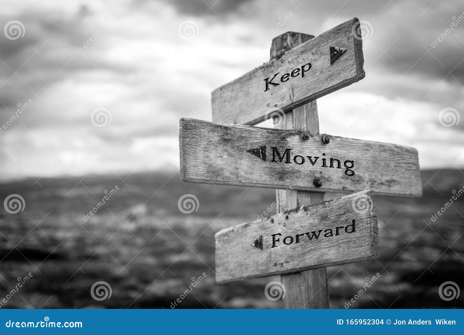 keep moving forward text on wooden rustic signpost outdoors in nature/mountain scenery.