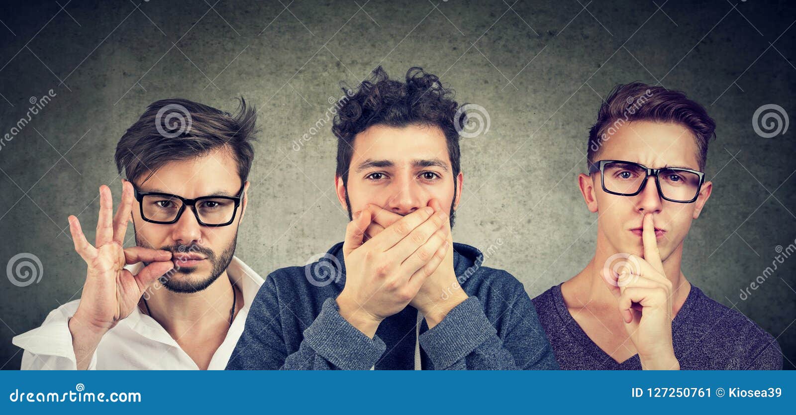 three secretive men keeping mouth shut.