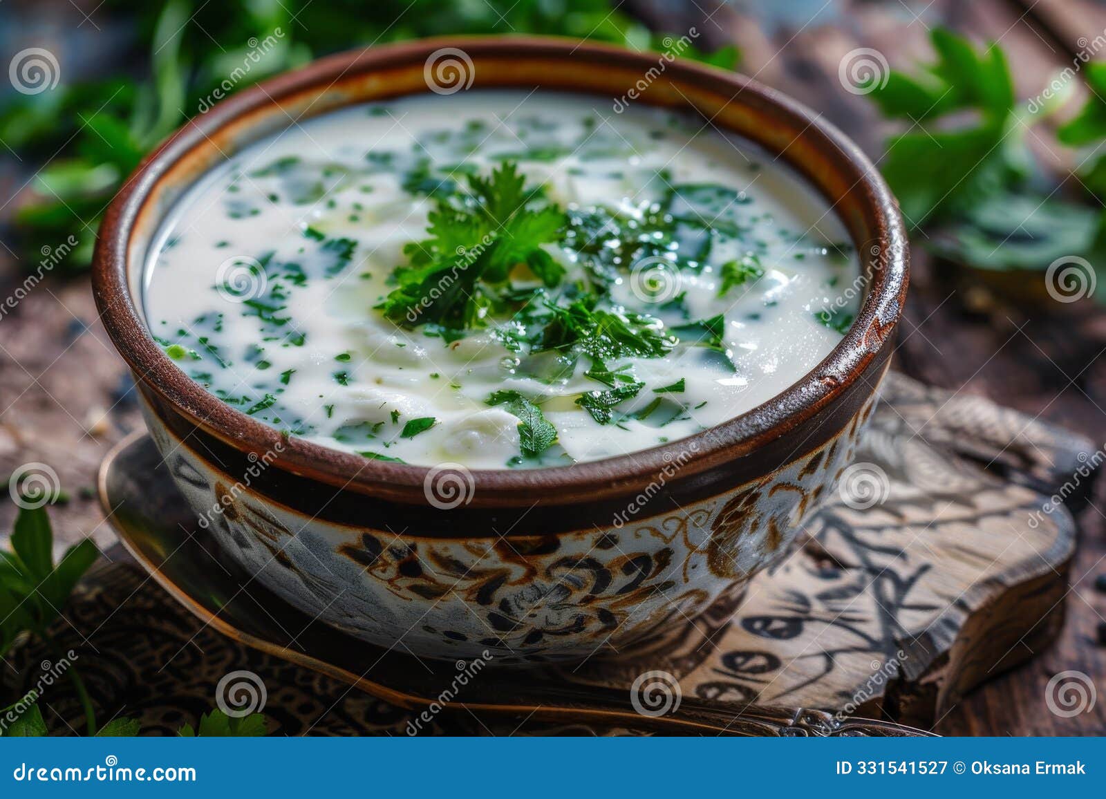 kefir soup dovga or tarator, national sour-milk meal of azerbaijani cuisine with yogurt, herbs