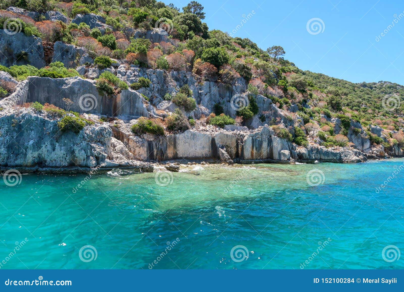 kekova where sunken shipwrecks of dolkisthe antique city which was destroyed by earthquakes in the 2nd century, tukey