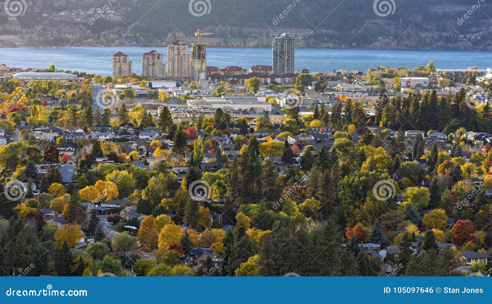 kelowna skyline with okanagan lake in the background in the fall kelowna british columbia canada