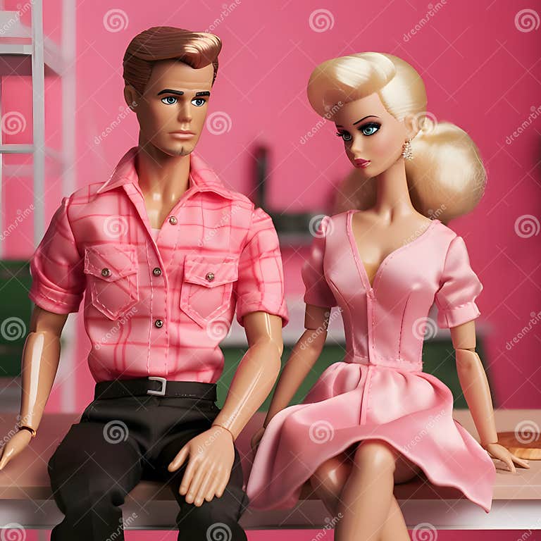 Sad Ken and Barbie Sitting on a Bench, Pink Clothes, Pink Background ...