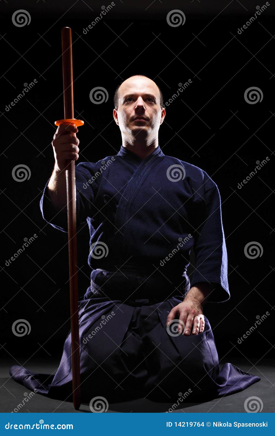 Kendo fighter with Bokken stock photo. Image of kneeling 14219764